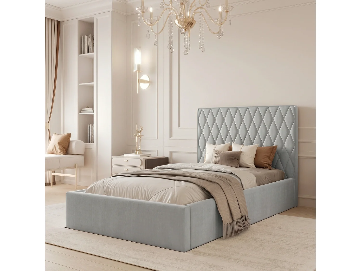 Lit Coffre Compact PONTI 120x200 cm avec Sommier à Lattes - Gris Clair (Magic Velvet)
