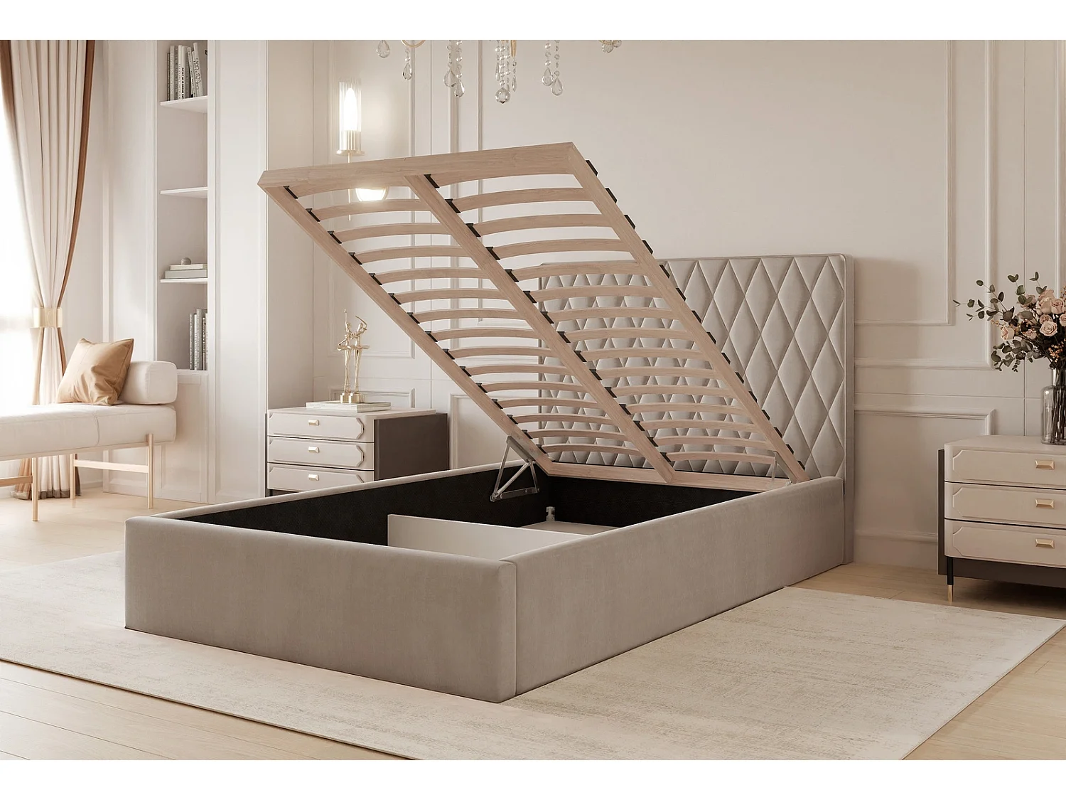 Lit Coffre Compact PONTI 120x200 cm avec Sommier à Lattes - Gris Clair (Magic Velvet)