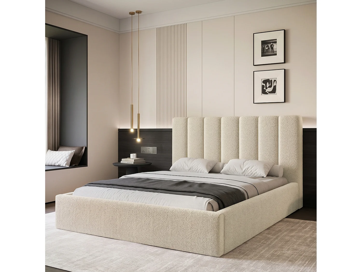 Lit Coffre 2 places CIERO 140x200 cm avec Sommier à Lattes - Tissu Bouclette Beige (Abriamo)