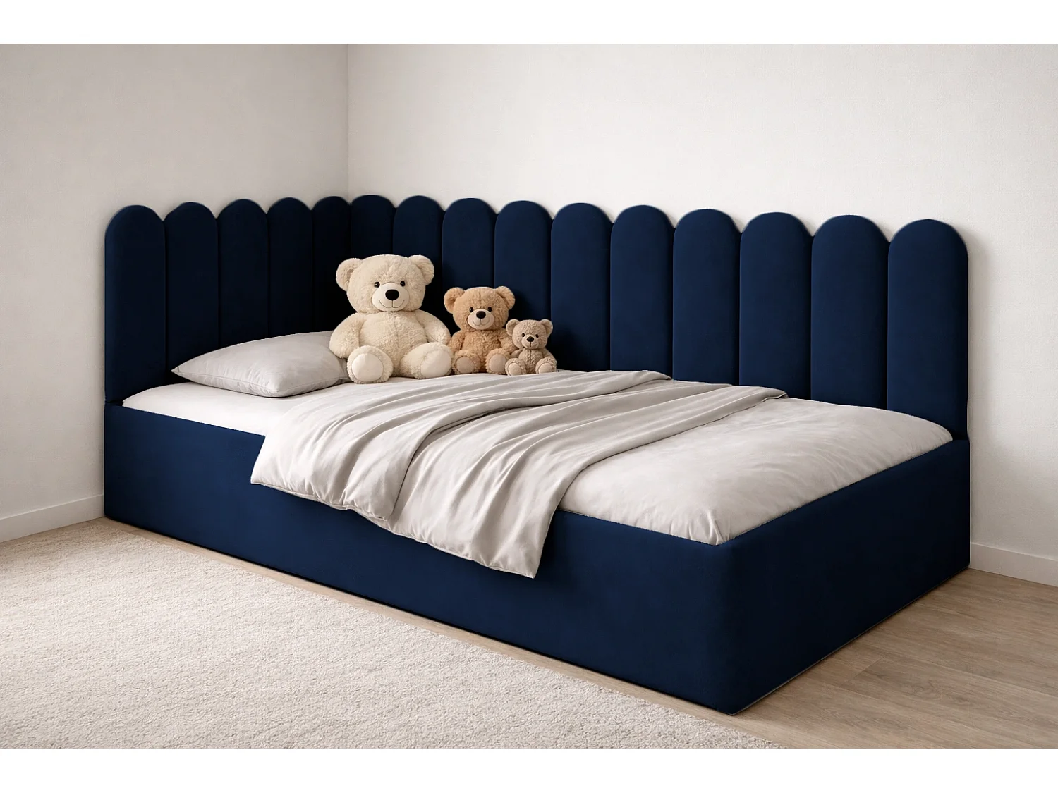 Lit Enfant et Ado Junior avec Panneaux Muraux Rembourrés - 80x200 cm - Velours Bleu Foncé - Coffre