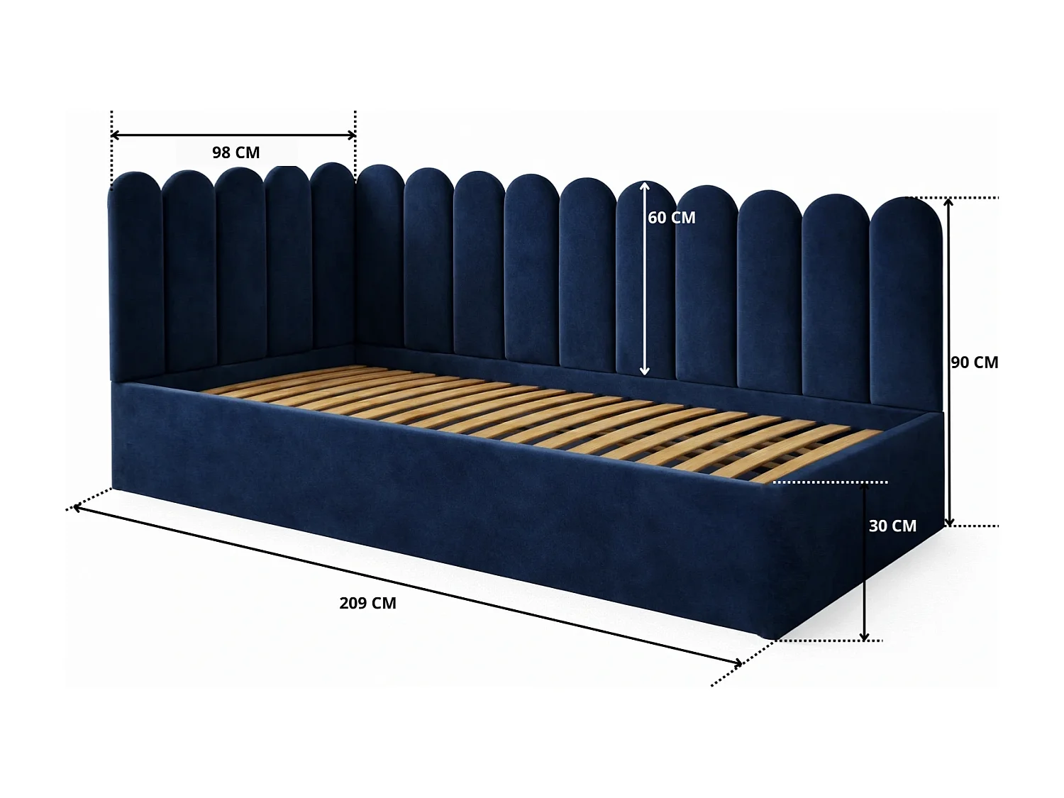 Lit Enfant et Ado Junior avec Panneaux Muraux Rembourrés - 80x200 cm - Velours Bleu Foncé - Coffre