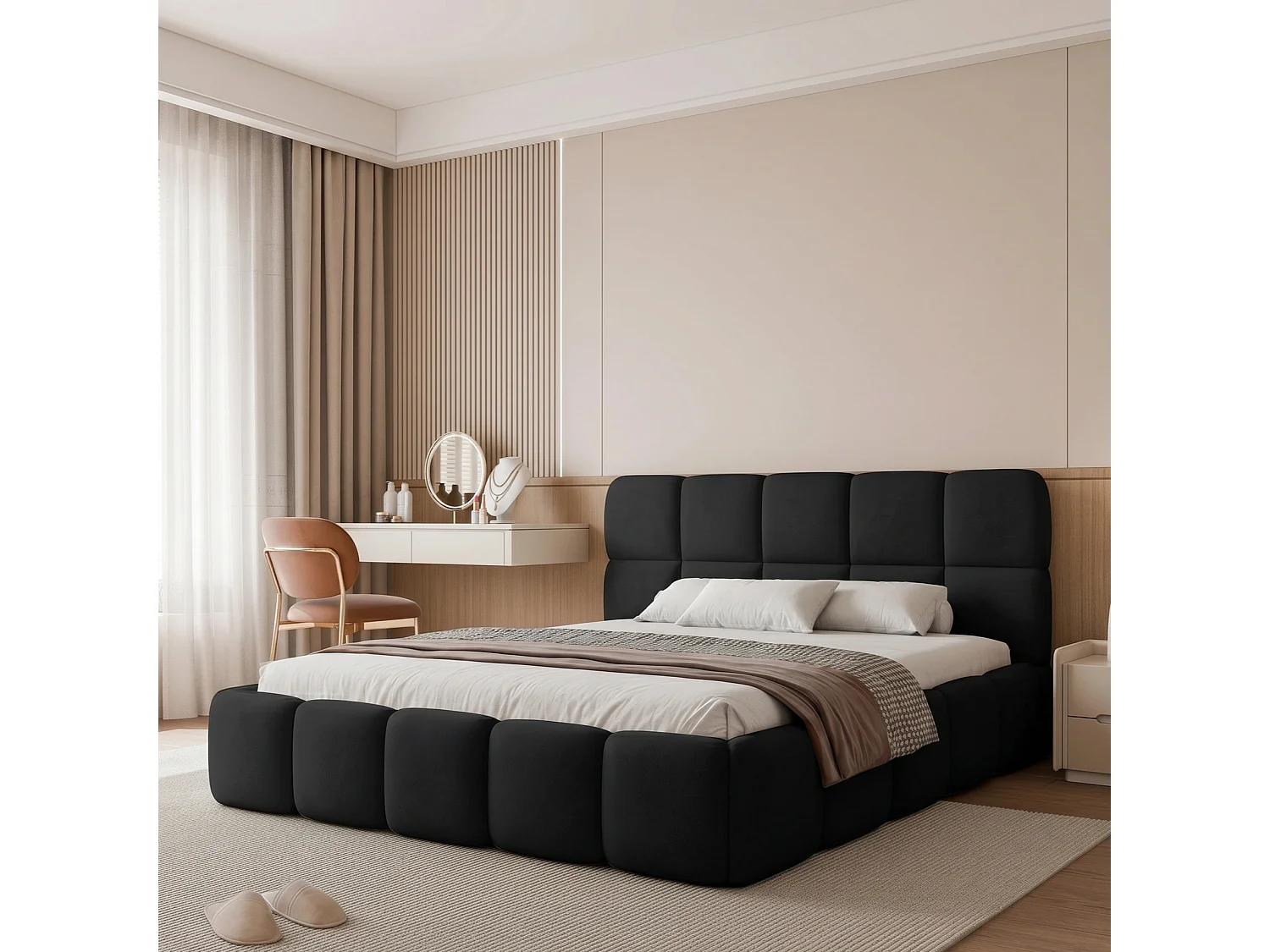 Lit Coffre 2 places CERETTO 140x200 cm avec Sommier à Lattes - Tissu Bouclé Noir (Quelle 100)