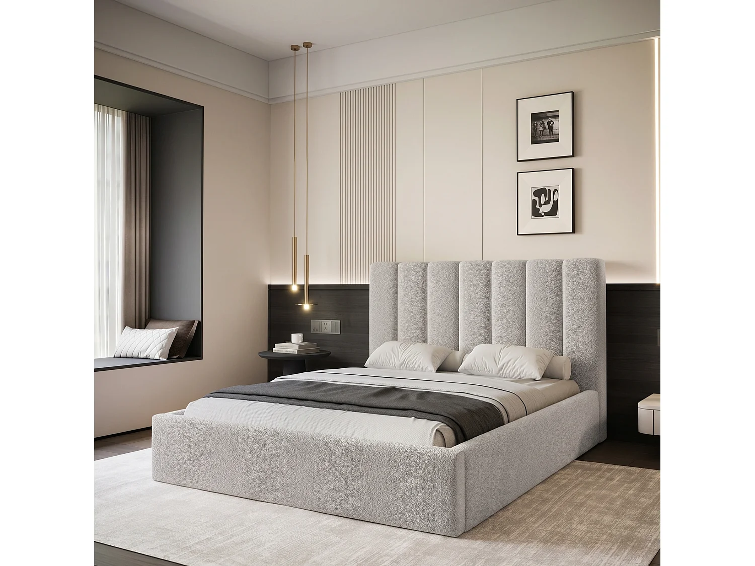 Lit Coffre 2 places CIERO 140x200 cm avec Sommier à Lattes - Tissu Bouclette Gris Clair (Abriamo)