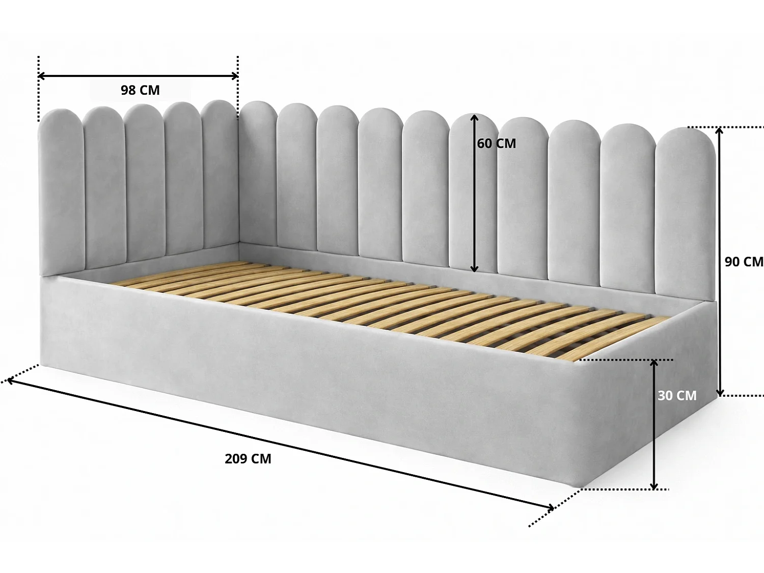 Lit Enfant et Ado Junior avec Panneaux Muraux Rembourrés - 80x200 cm - Velours Gris Clair - Coffre