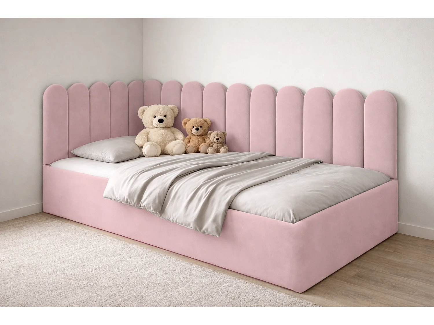 Lit Enfant et Ado Junior avec Panneaux Muraux Rembourrés - 120x200 cm - Velours Rose - Coffre