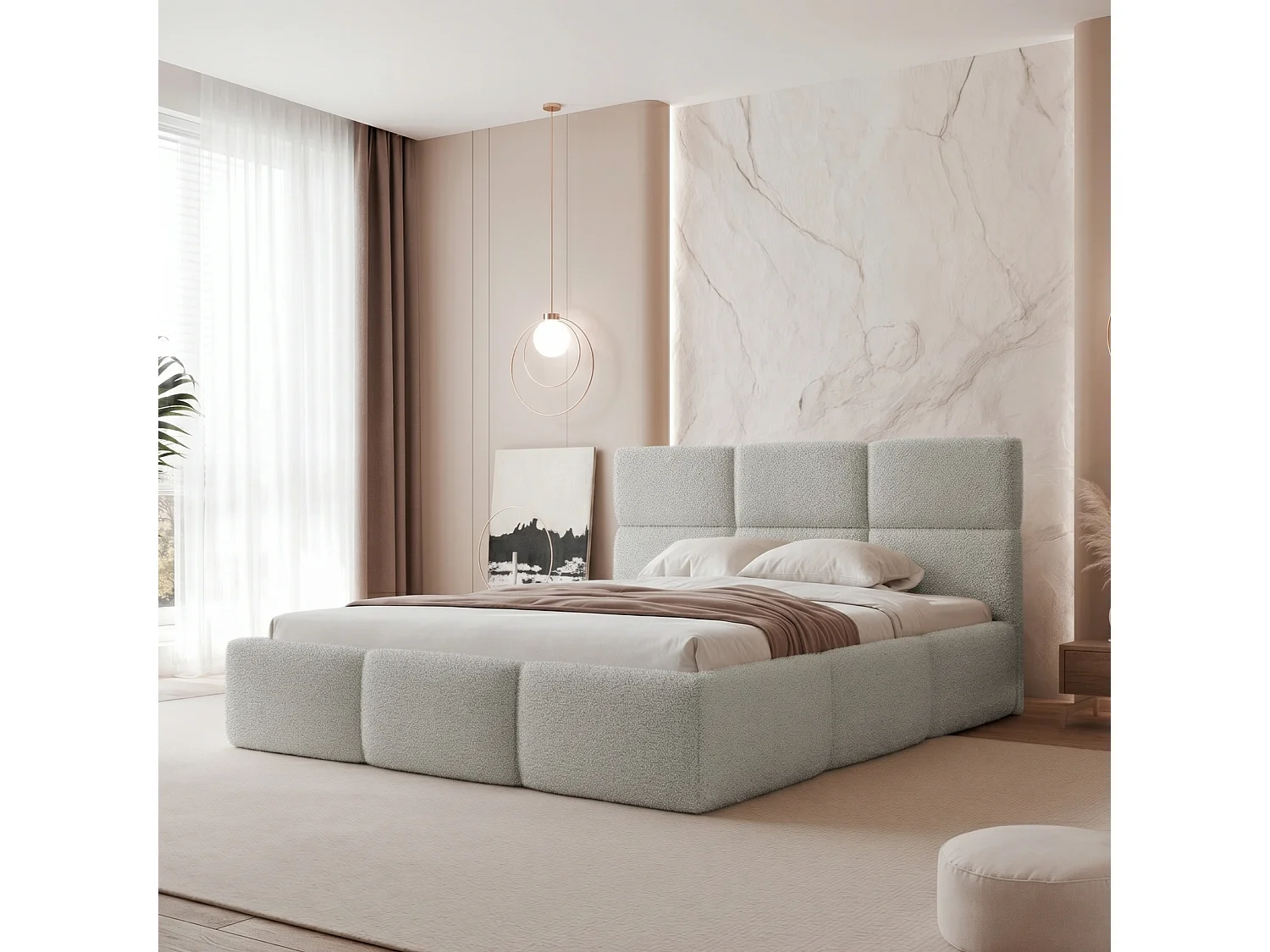 Lit Coffre 2 places VIVIEN 140x200 cm avec Sommier à Lattes - Tissu Bouclé Gris Platine (Coral 85)