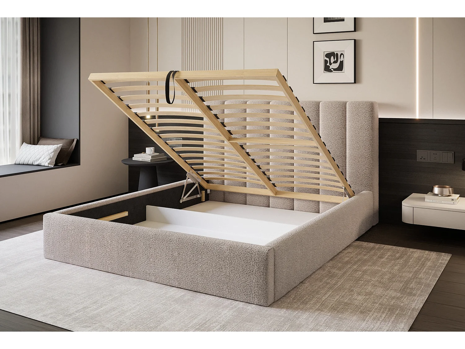 Lit Coffre 2 places CIERO 160x200 cm avec Sommier à Lattes - Velours Crème (Magic Velvet)