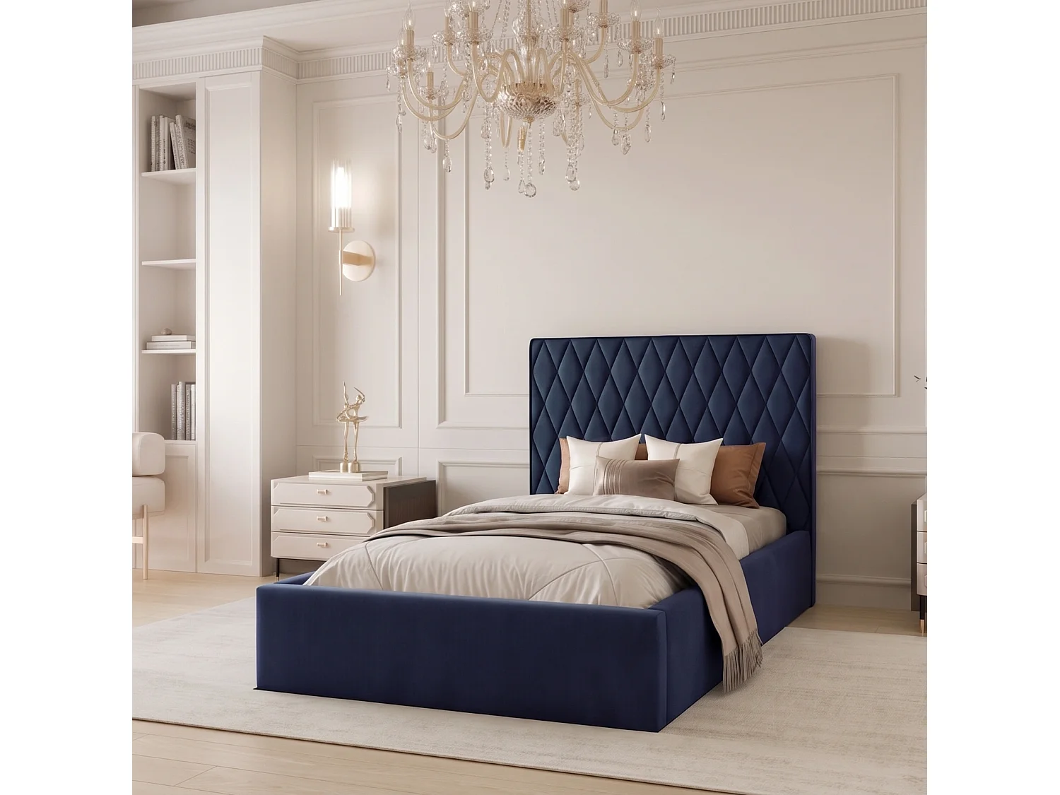 Lit Coffre Compact PONTI 120x200 cm avec Sommier à Lattes - Bleu Marine (Magic Velvet)