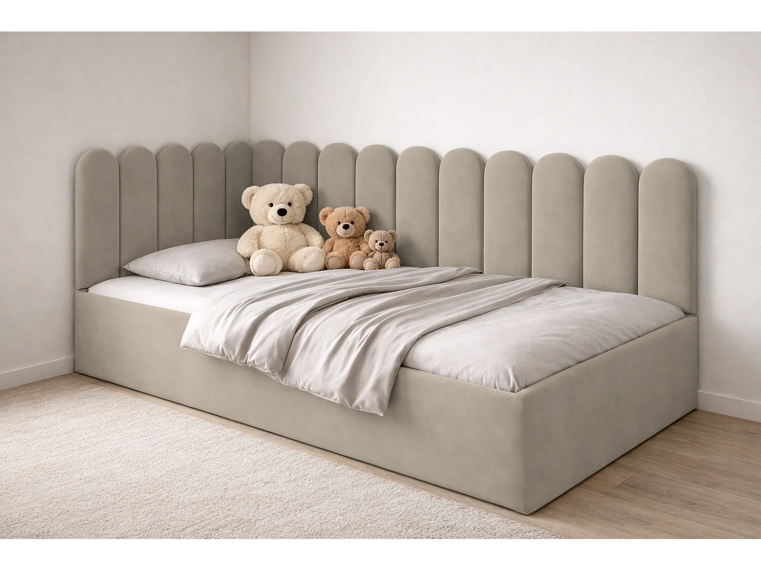 Lit Enfant et Ado Junior avec Panneaux Muraux Rembourrés - 90x200 cm - Velours Beige Froid - Coffre