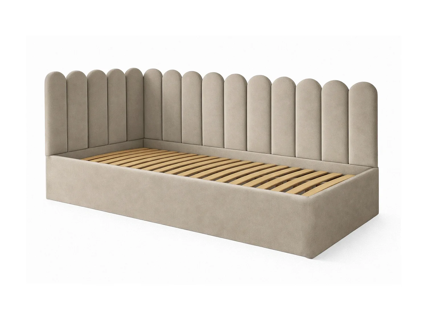 Lit Enfant et Ado Junior avec Panneaux Muraux Rembourrés - 90x200 cm - Velours Beige Froid - Coffre