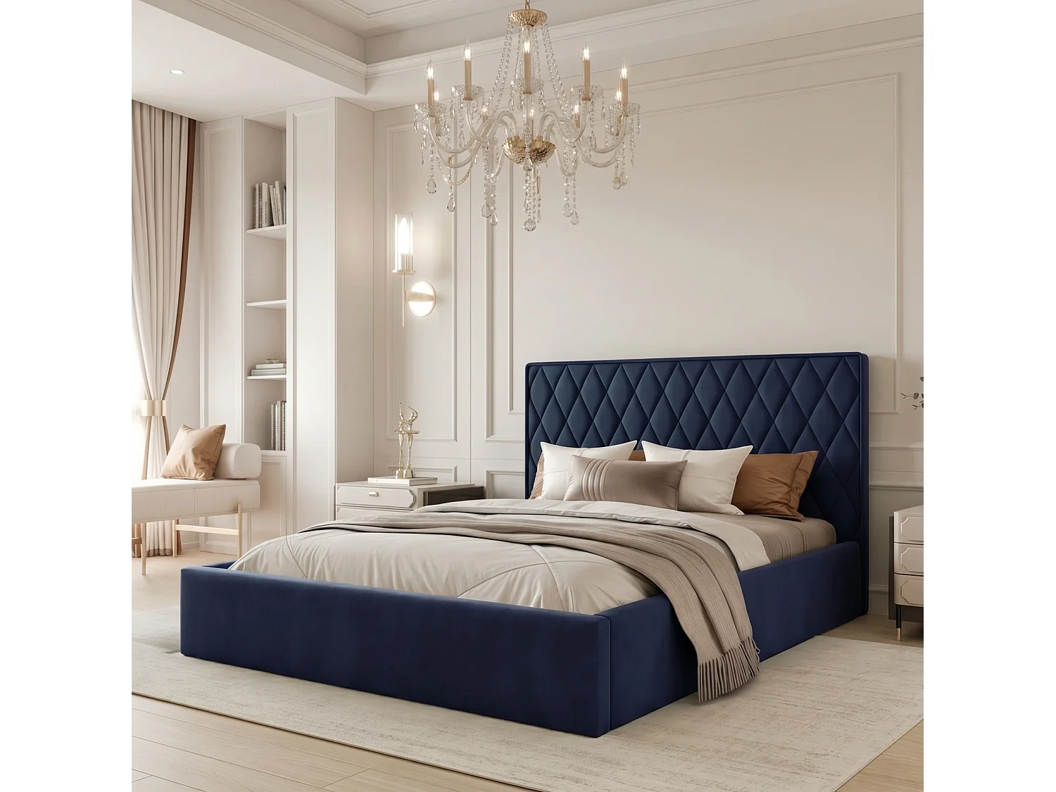 Lit Coffre Compact 2 places PONTI 160x200 cm avec Sommier à Lattes - Bleu Marine (Magic Velvet)
