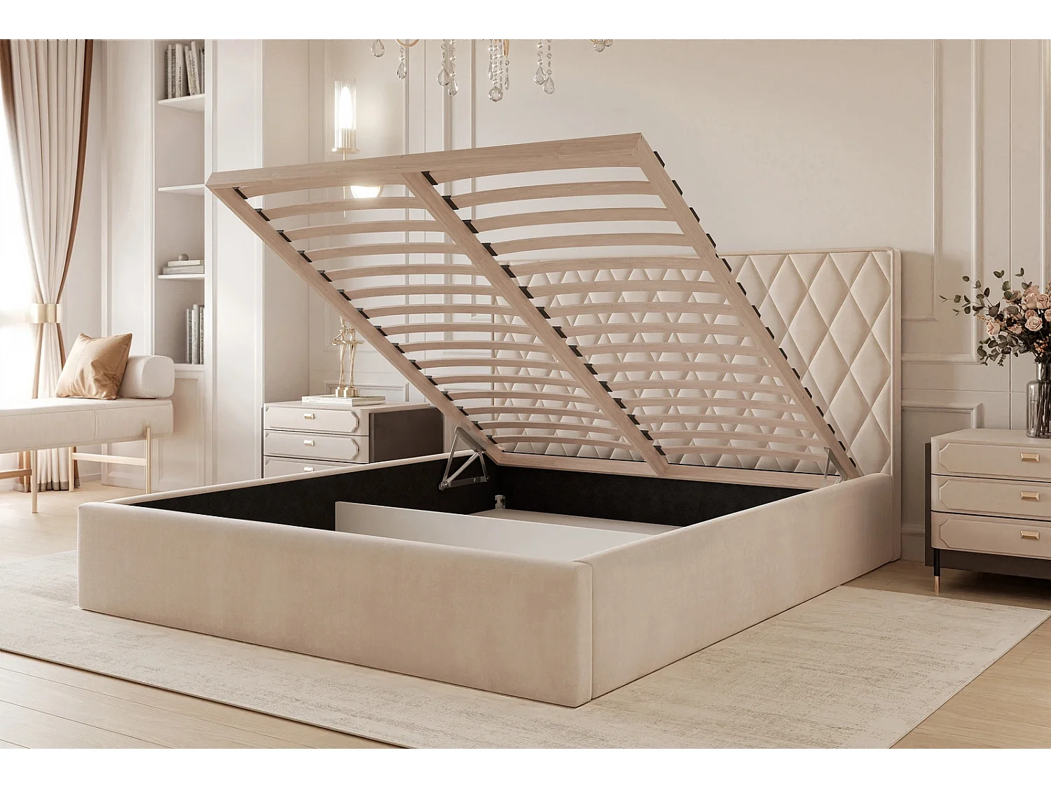 Lit Coffre Compact 2 places PONTI 160x200 cm avec Sommier à Lattes - Bleu Marine (Magic Velvet)