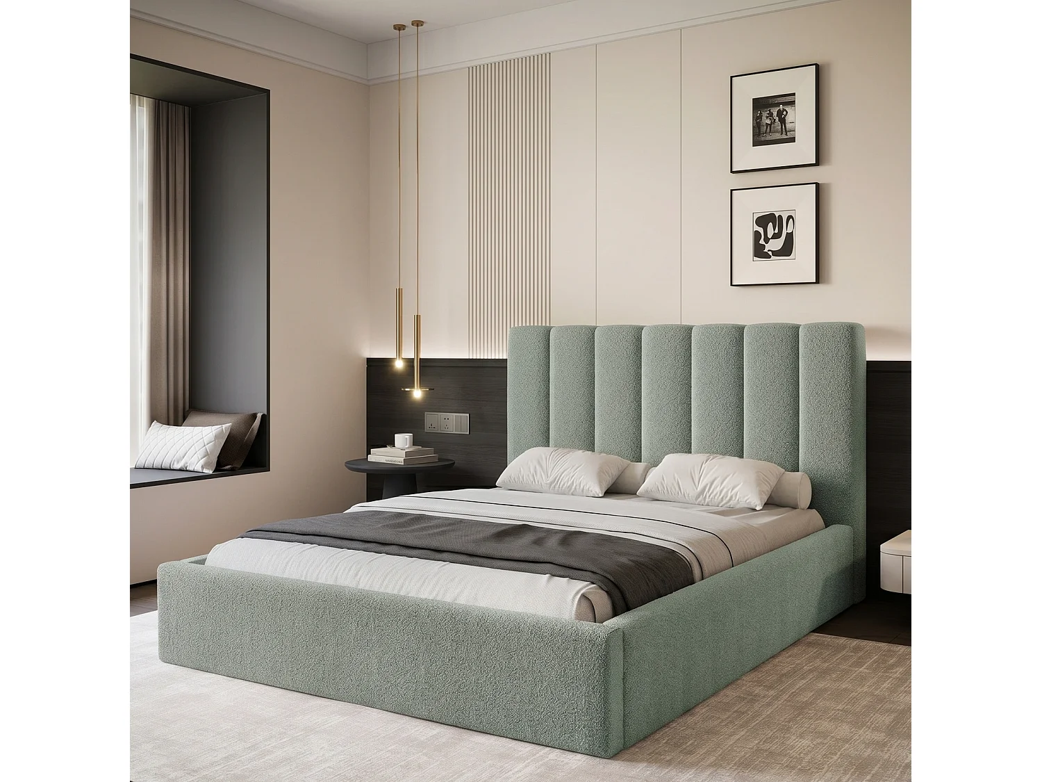 Lit Coffre 2 places CIERO 160x200 cm avec Sommier à Lattes - Tissu Bouclette Menthe (Abriamo)