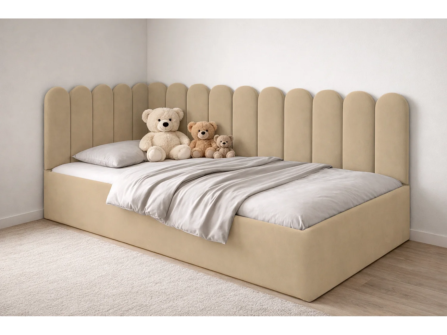 Lit Enfant et Ado Junior avec Panneaux Muraux Rembourrés - 90x200 cm - Velours Beige - Coffre