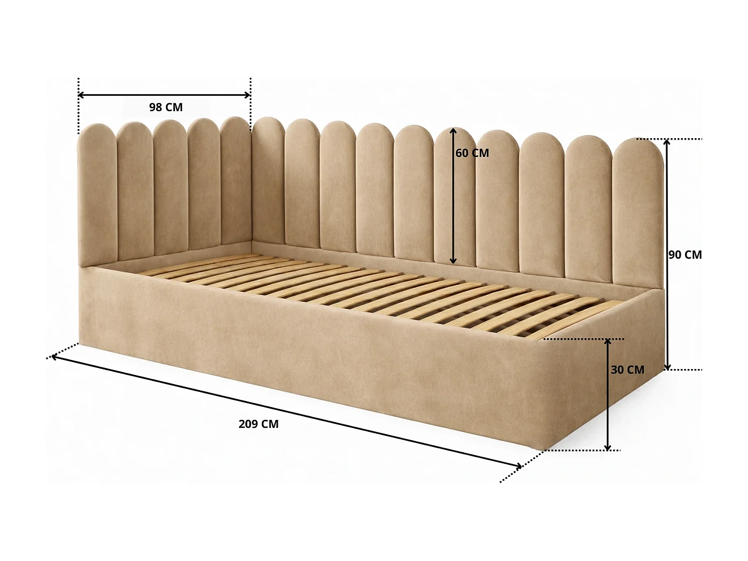 Lit Enfant et Ado Junior avec Panneaux Muraux Rembourrés - 90x200 cm - Velours Beige - Coffre