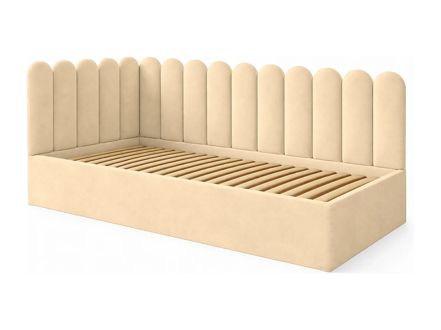 Lit Enfant et Ado Junior avec Panneaux Muraux Rembourrés - 90x200 cm - Velours Crème - Coffre