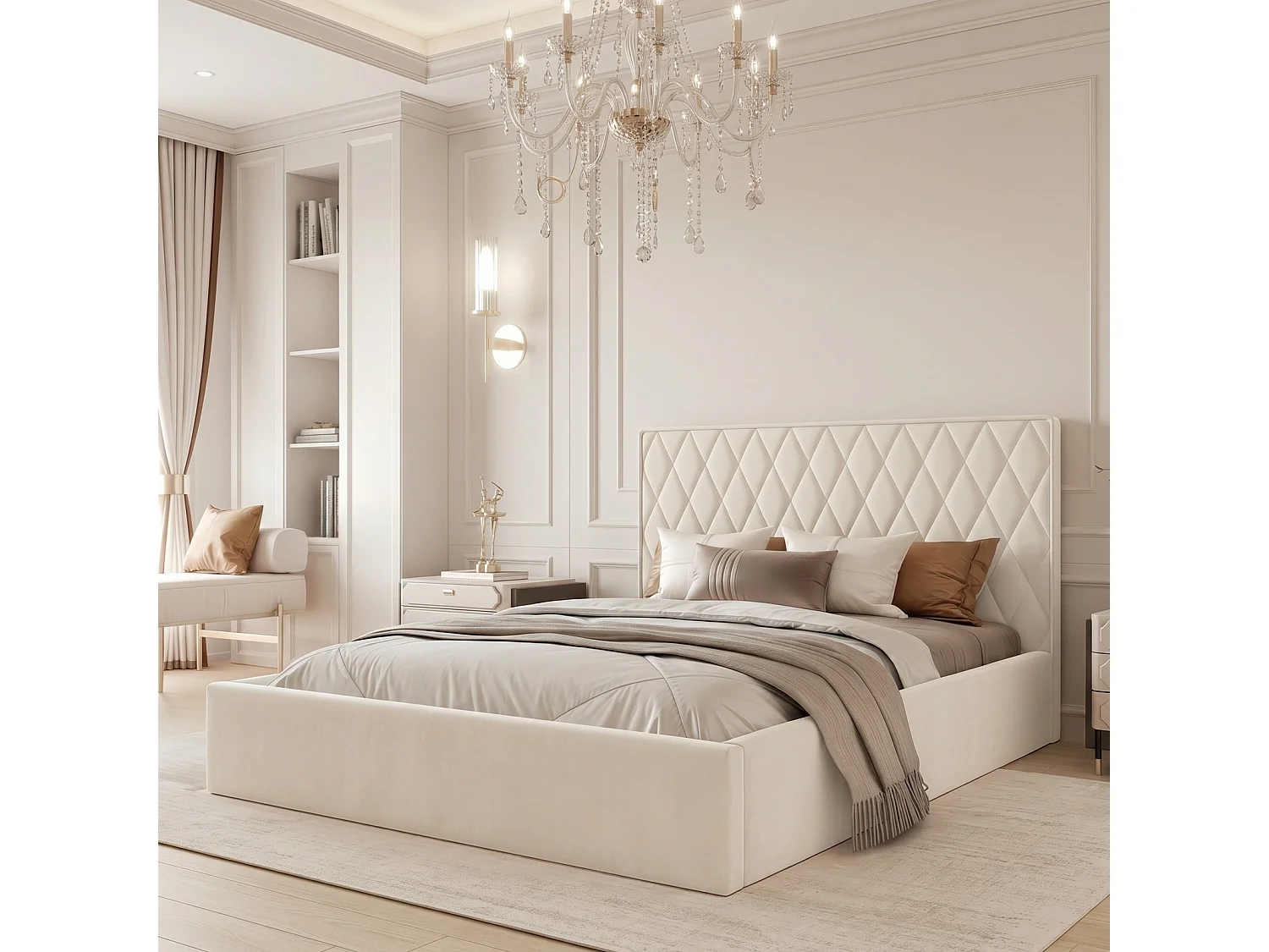 Lit Coffre Compact 2 places PONTI 180x200 cm avec Sommier à Lattes - Crème (Magic Velvet)