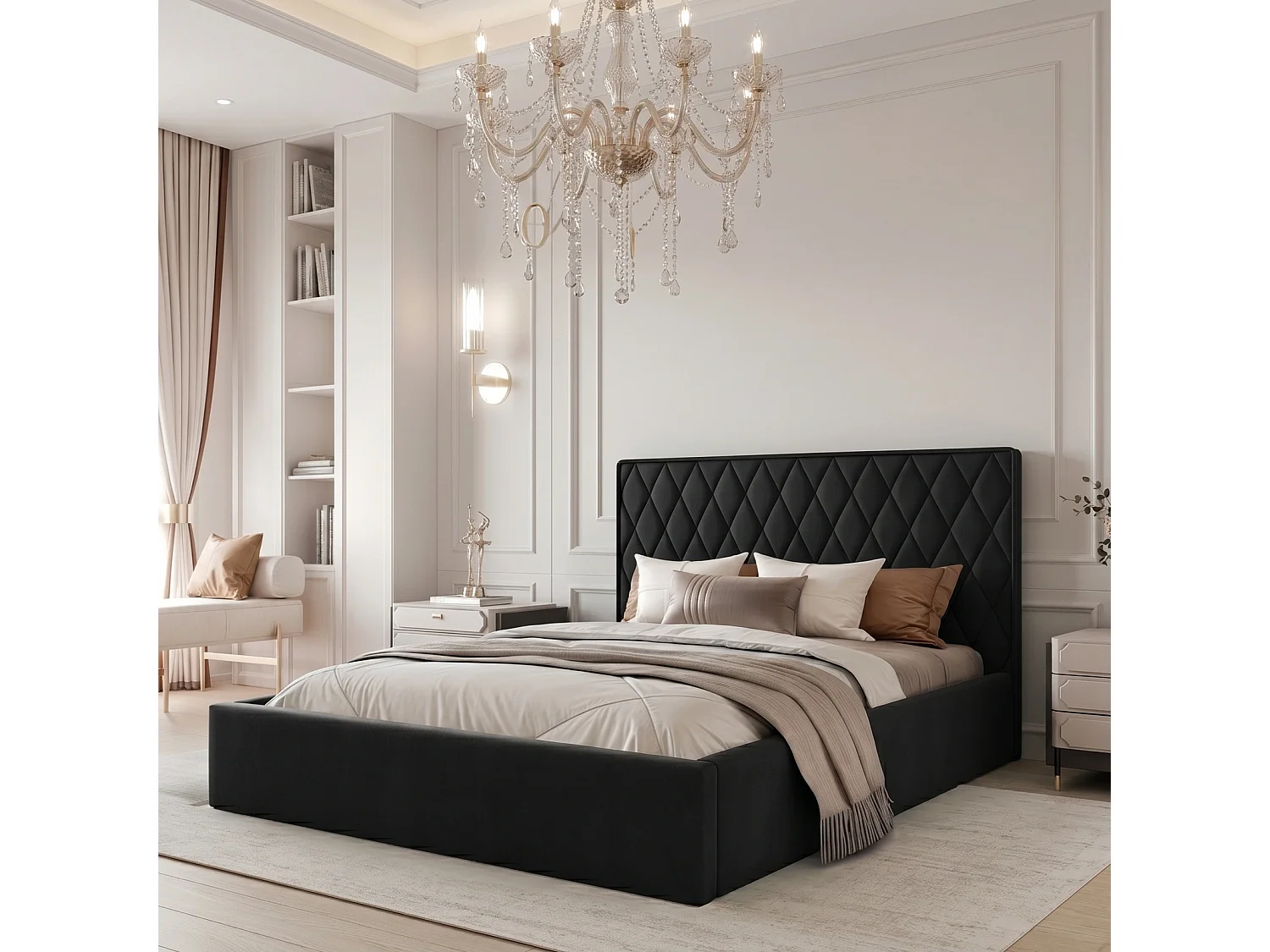 Lit Coffre Compact 2 places PONTI 140x200 cm avec Sommier à Lattes - Noir (Magic Velvet)
