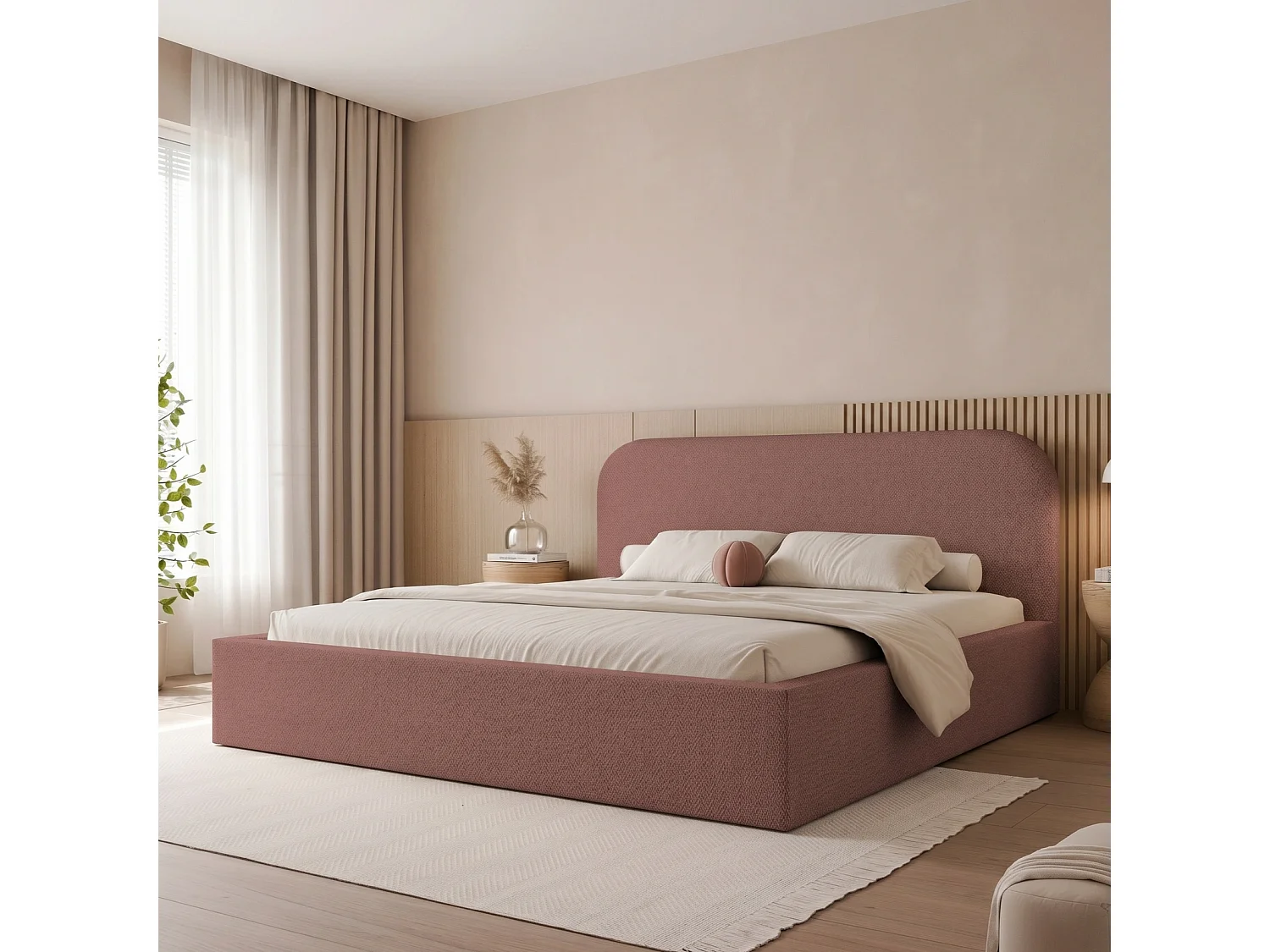 Lit Coffre XXL FUZZI 200x200 cm avec Sommier à Lattes - Tissu Texturé Terre Cuite (Lumi 56)