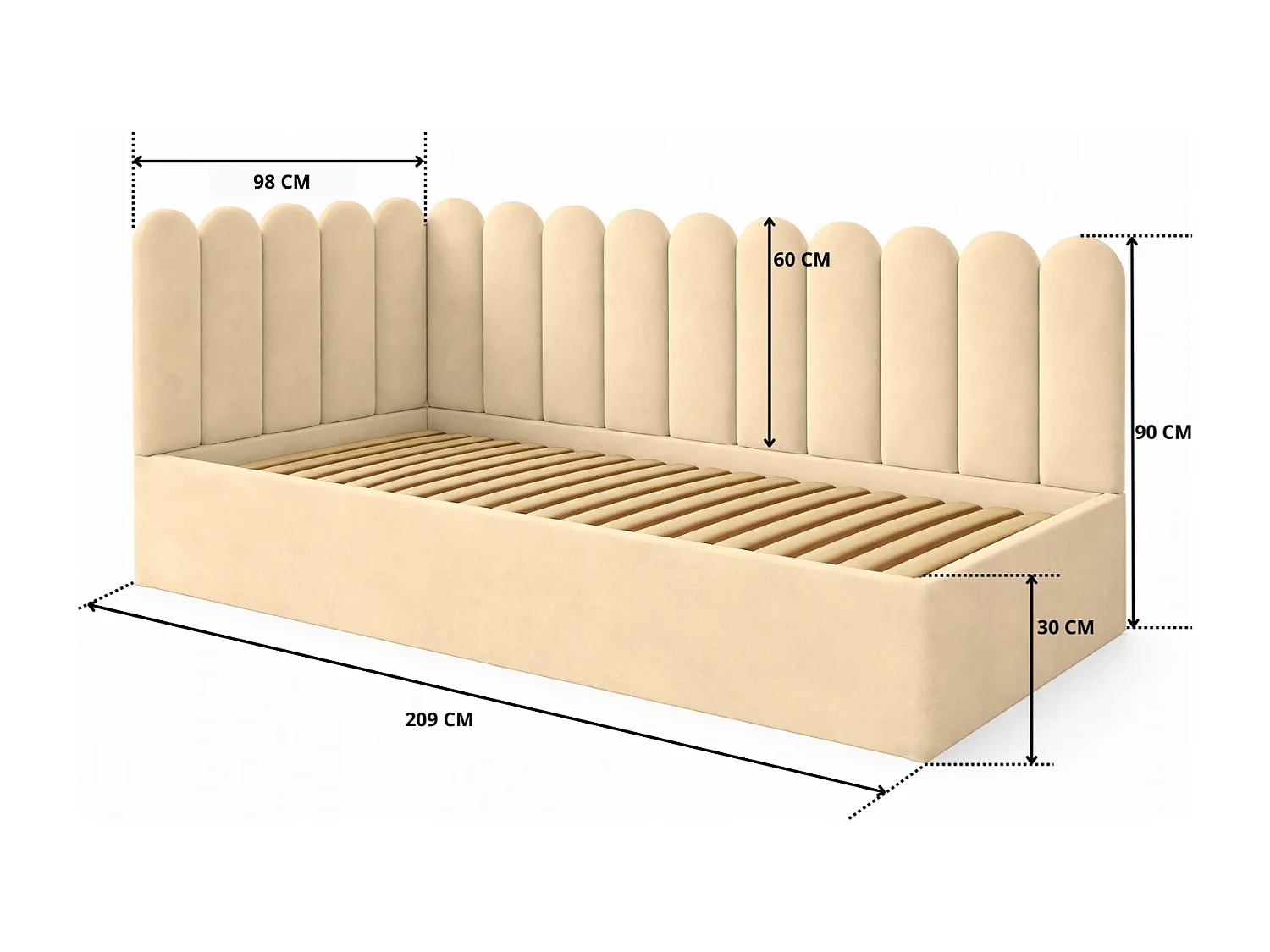 Lit Enfant et Ado Junior avec Panneaux Muraux Rembourrés - 100x200 cm - Velours Crème - Coffre