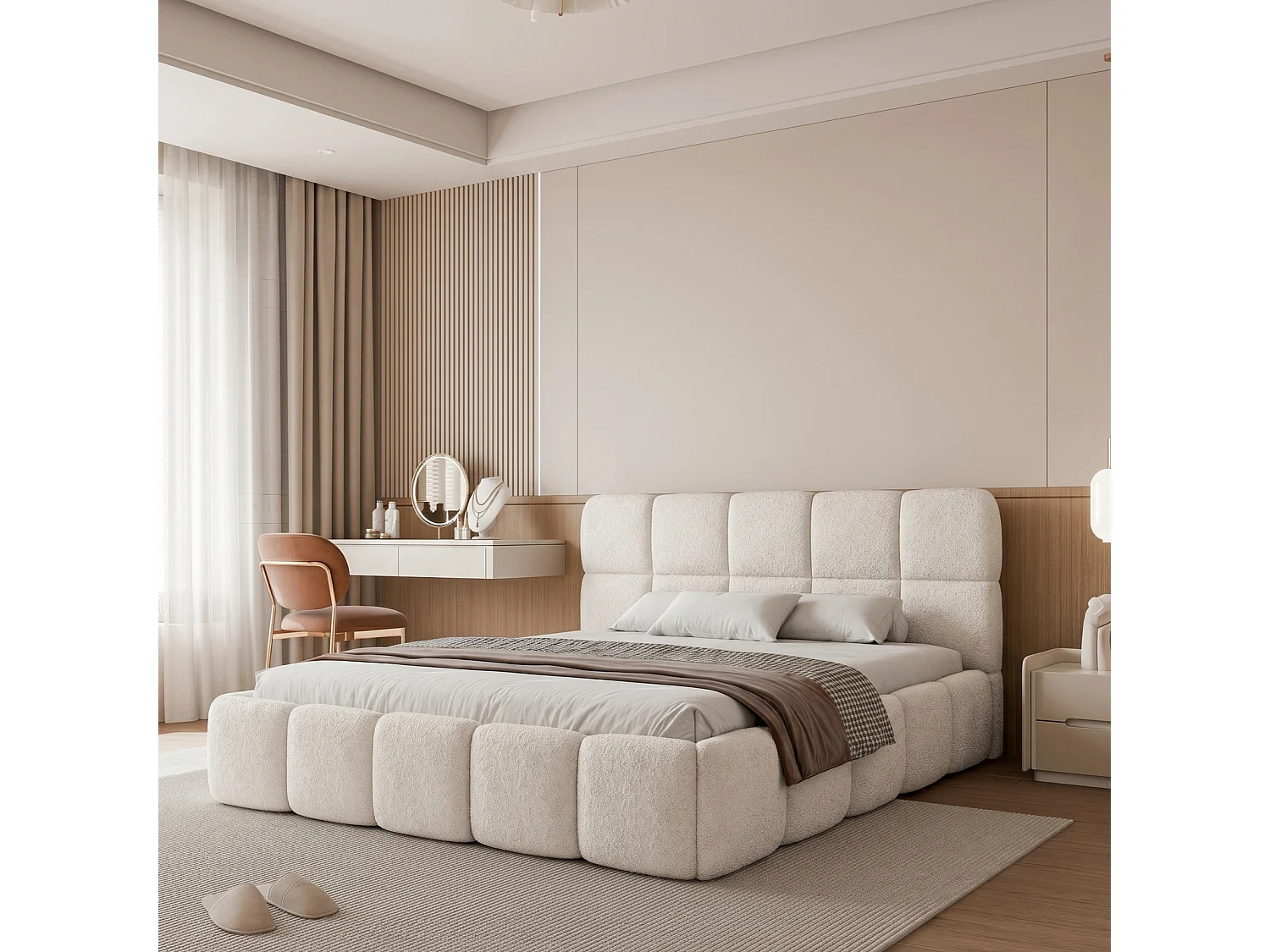 Lit Coffre King Size CERETTO 180x200 cm avec Sommier à Lattes - Tissu Texturé Crème (Legend 01)