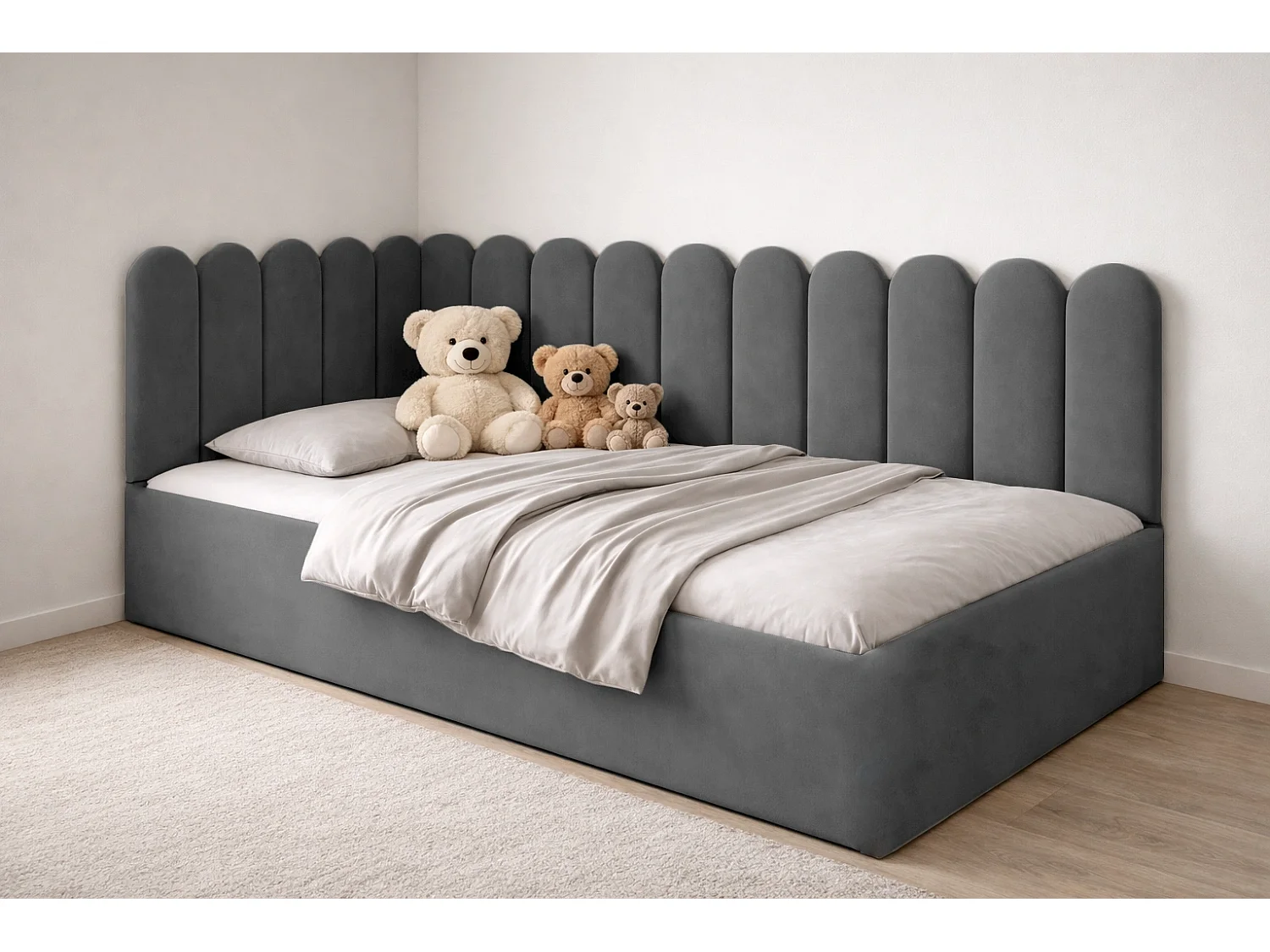 Lit Enfant et Ado Junior avec Panneaux Muraux Rembourrés - 100x200 cm - Velours Gris Foncé - Coffre