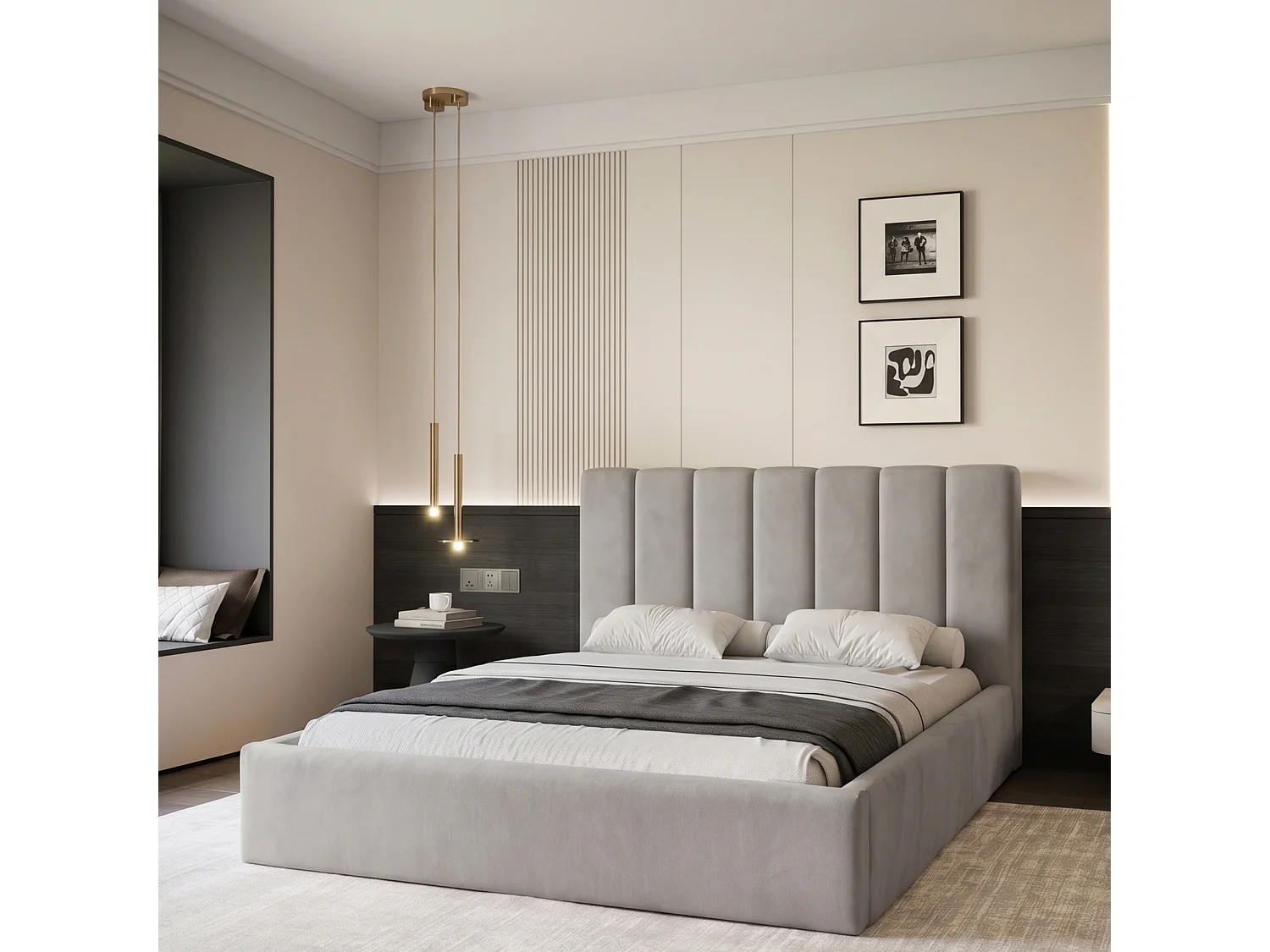 Lit Coffre 2 places CIERO 160x200 cm avec Sommier à Lattes - Velours Platine (Magic Velvet)
