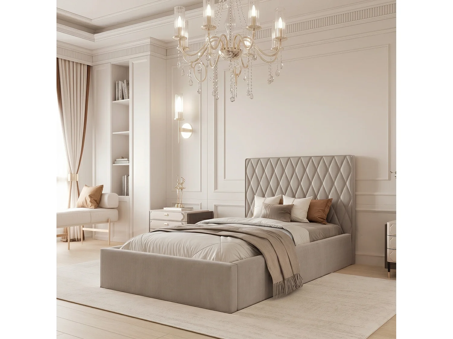 Lit Coffre Compact PONTI 120x200 cm avec Sommier à Lattes - Beige Chaud (Magic Velvet)