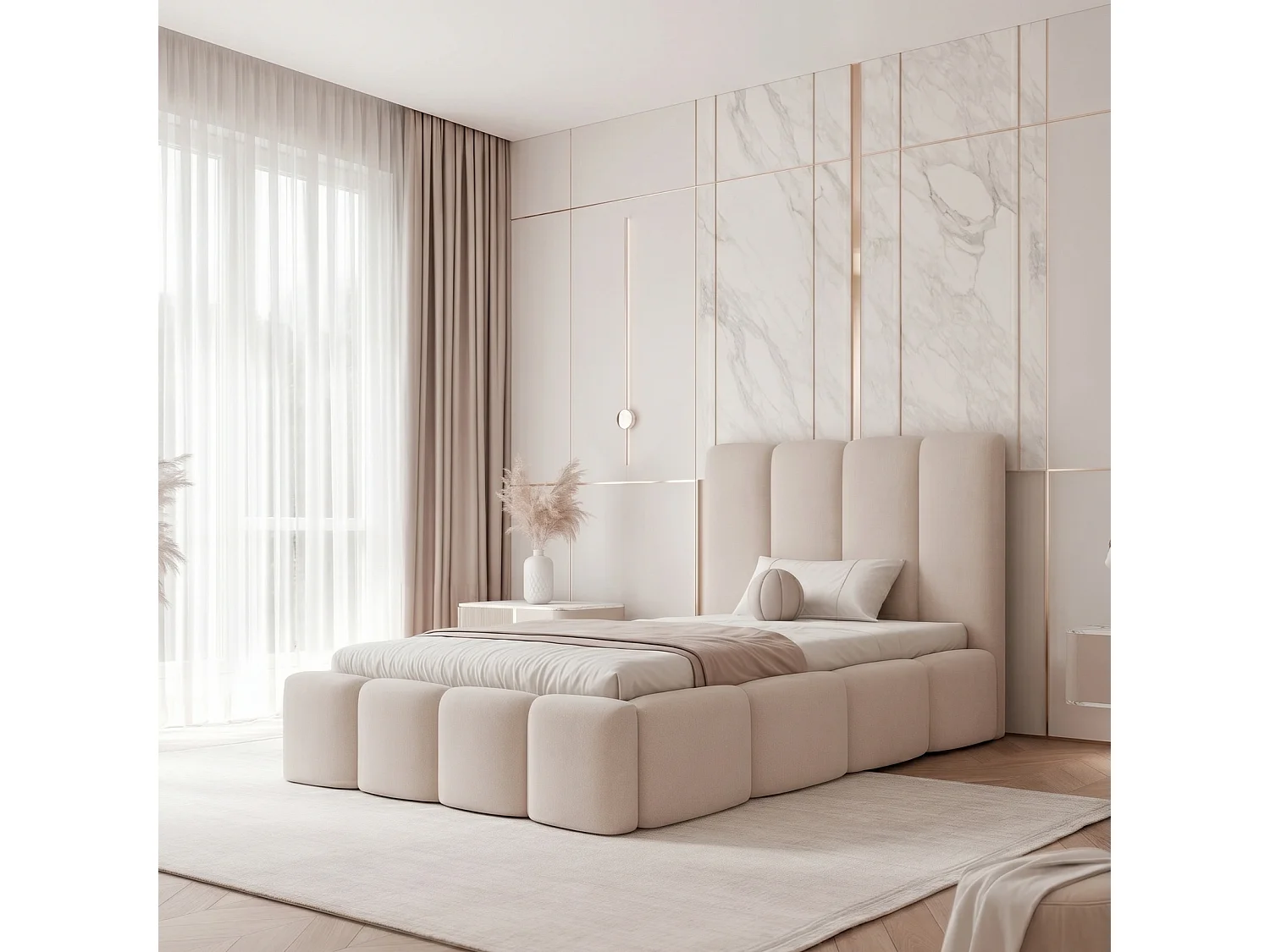 Lit Coffre LANDARE 120x200 cm avec Sommier à Lattes - Velours Beige Glacé (Jasmine 21)