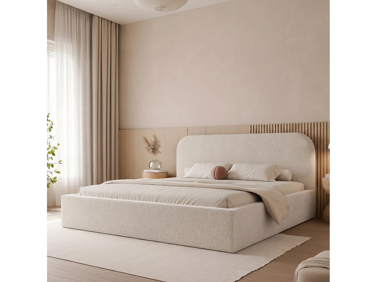 Lit Coffre XXL FUZZI 200x200 cm avec Sommier à Lattes - Tissu Bouclé Beige Froid (Now or Never 03)