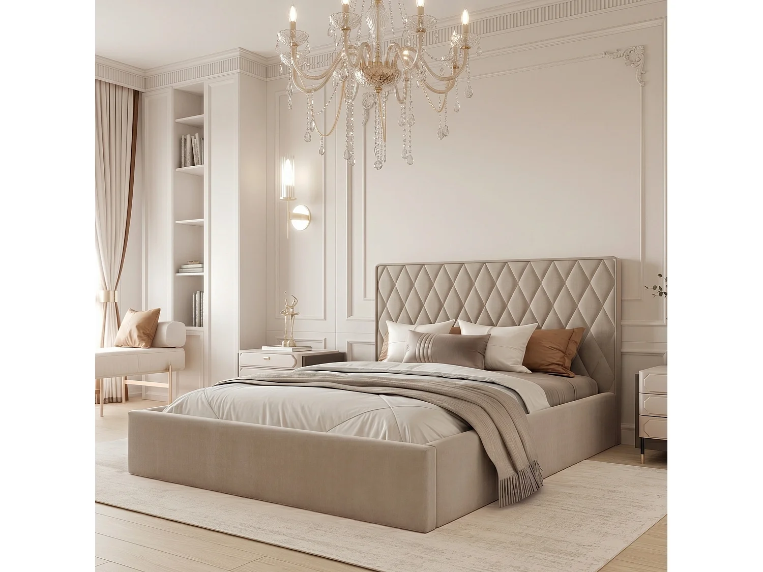 Lit Coffre Compact 2 places PONTI 140x200 cm avec Sommier à Lattes - Beige Chaud (Magic Velvet)