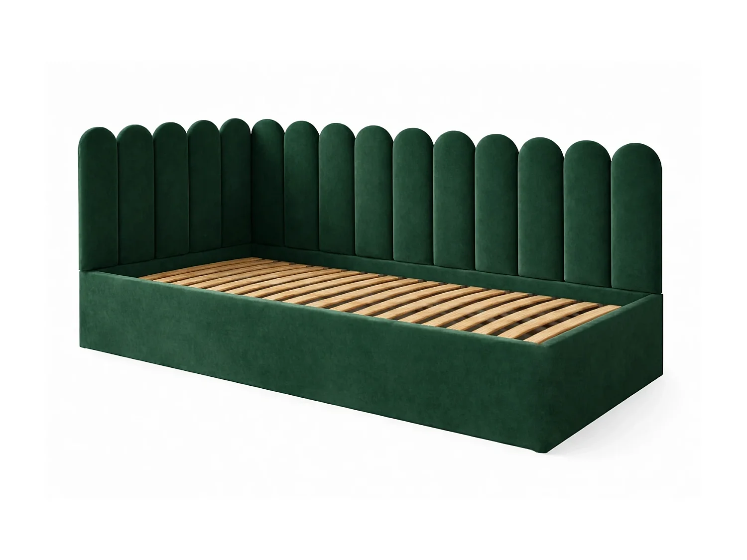 Lit Enfant et Ado Junior avec Panneaux Muraux Rembourrés - 100x200 cm - Velours Vert Foncé - Coffre