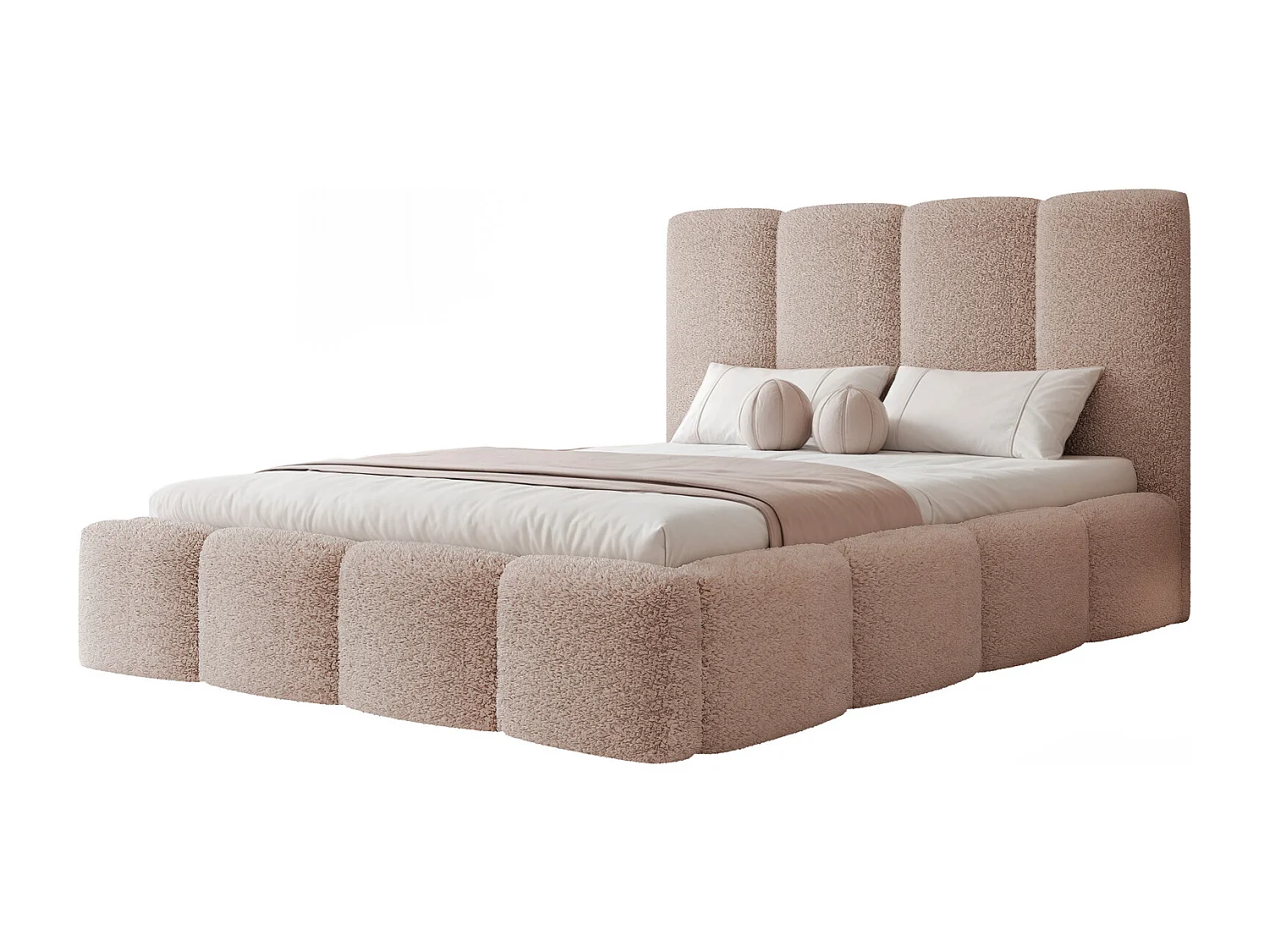 Lit Coffre 2 places LANDARE 140x200 cm avec Sommier à Lattes - Tissu Bouclé Vieux Rose (Coral 45)