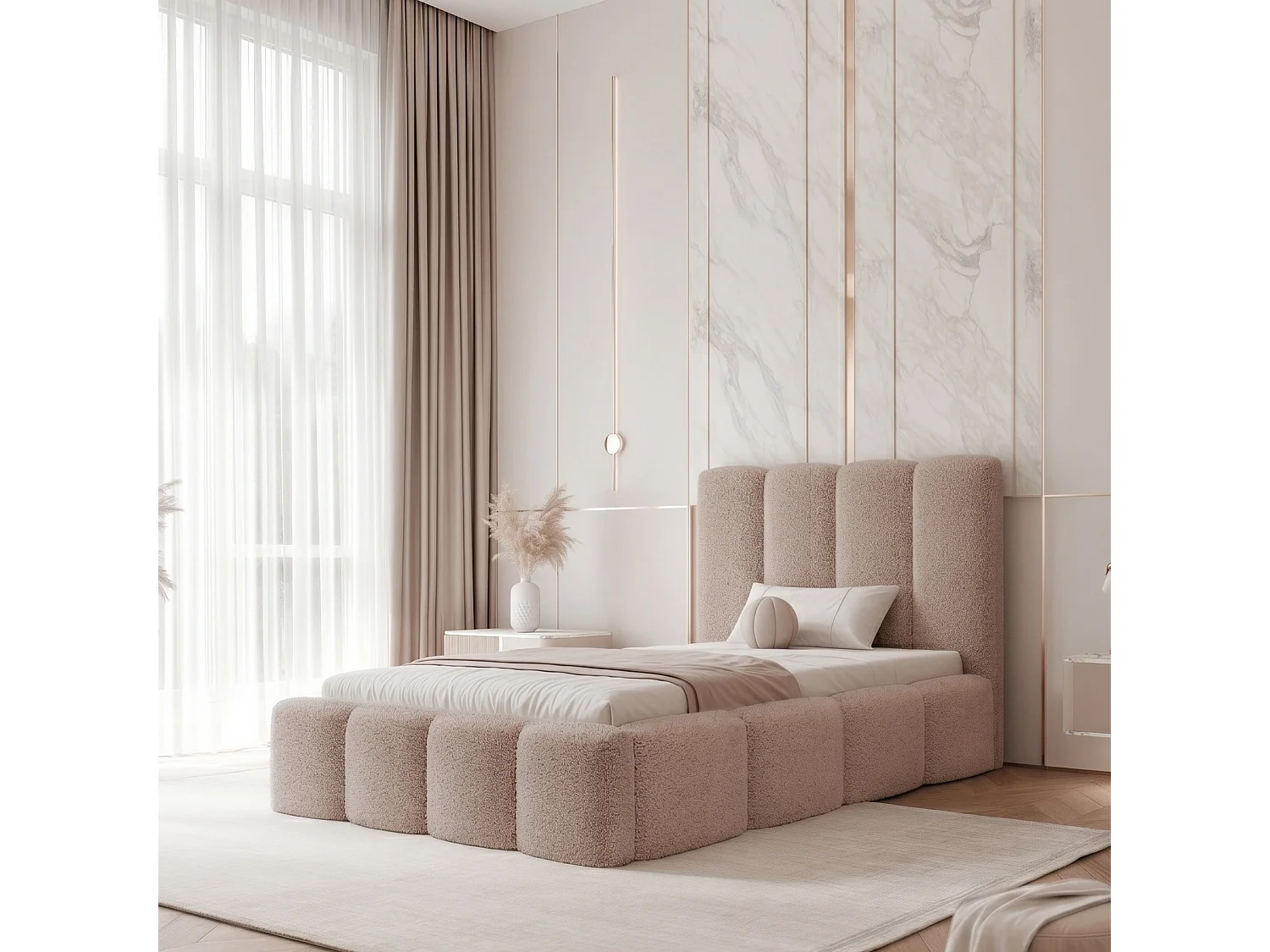 Lit Coffre LANDARE 120x200 cm avec Sommier à Lattes - Tissu Bouclé Vieux Rose (Coral 45)