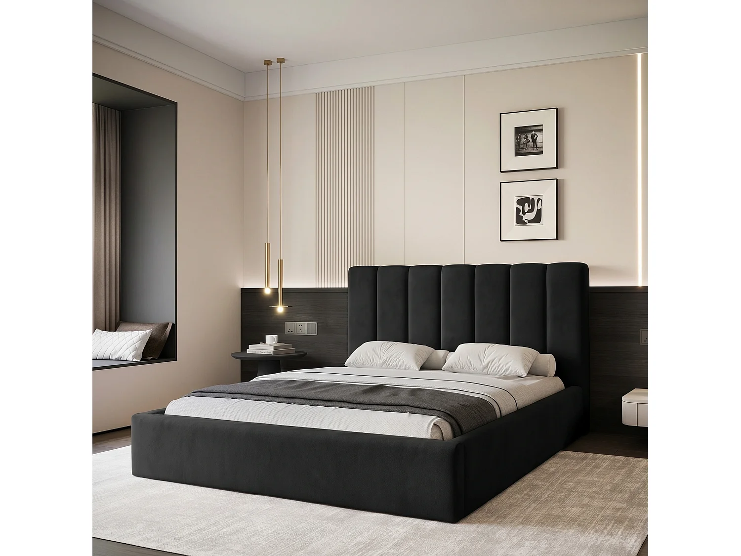 Lit Coffre King Size CIERO 180x200 cm avec Sommier à Lattes - Velours Noir (Magic Velvet)