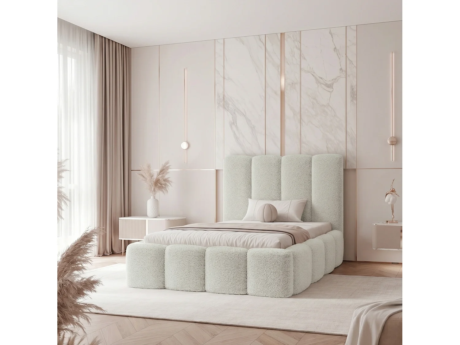 Lit Coffre LANDARE 120x200 cm avec Sommier à Lattes - Tissu Bouclé Crème (Coral 15)