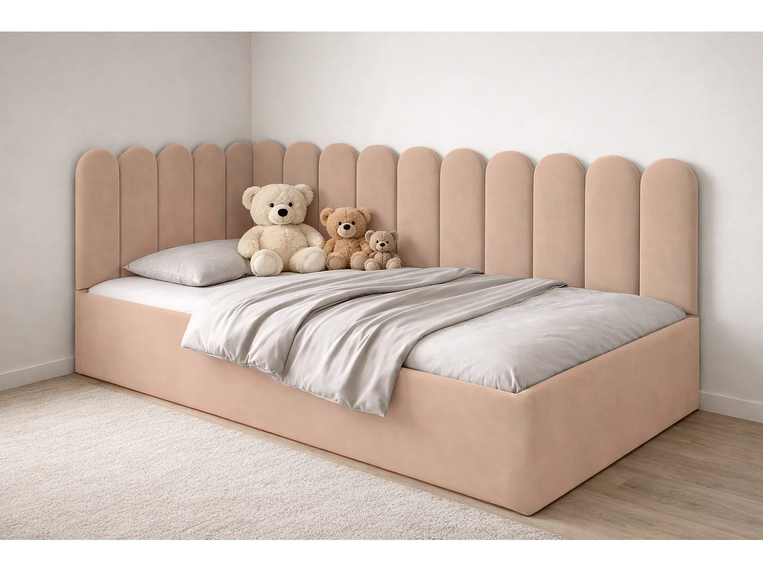 Lit Enfant et Ado Junior avec Panneaux Muraux Rembourrés - 80x200 cm - Velours Rose Poudré - Coffre