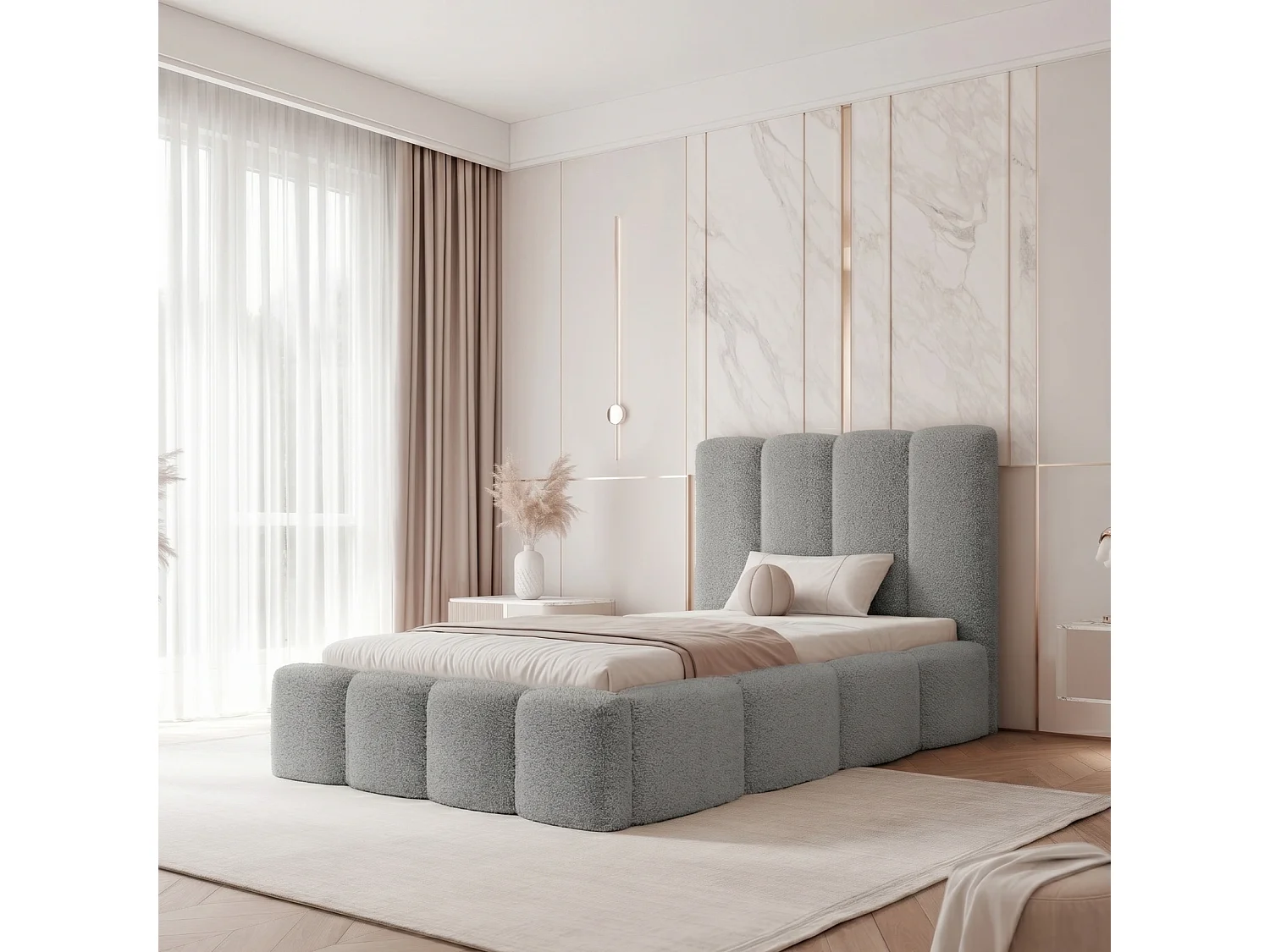 Lit Coffre LANDARE 120x200 cm avec Sommier à Lattes - Tissu Bouclé Gris Clair (Coral 75)