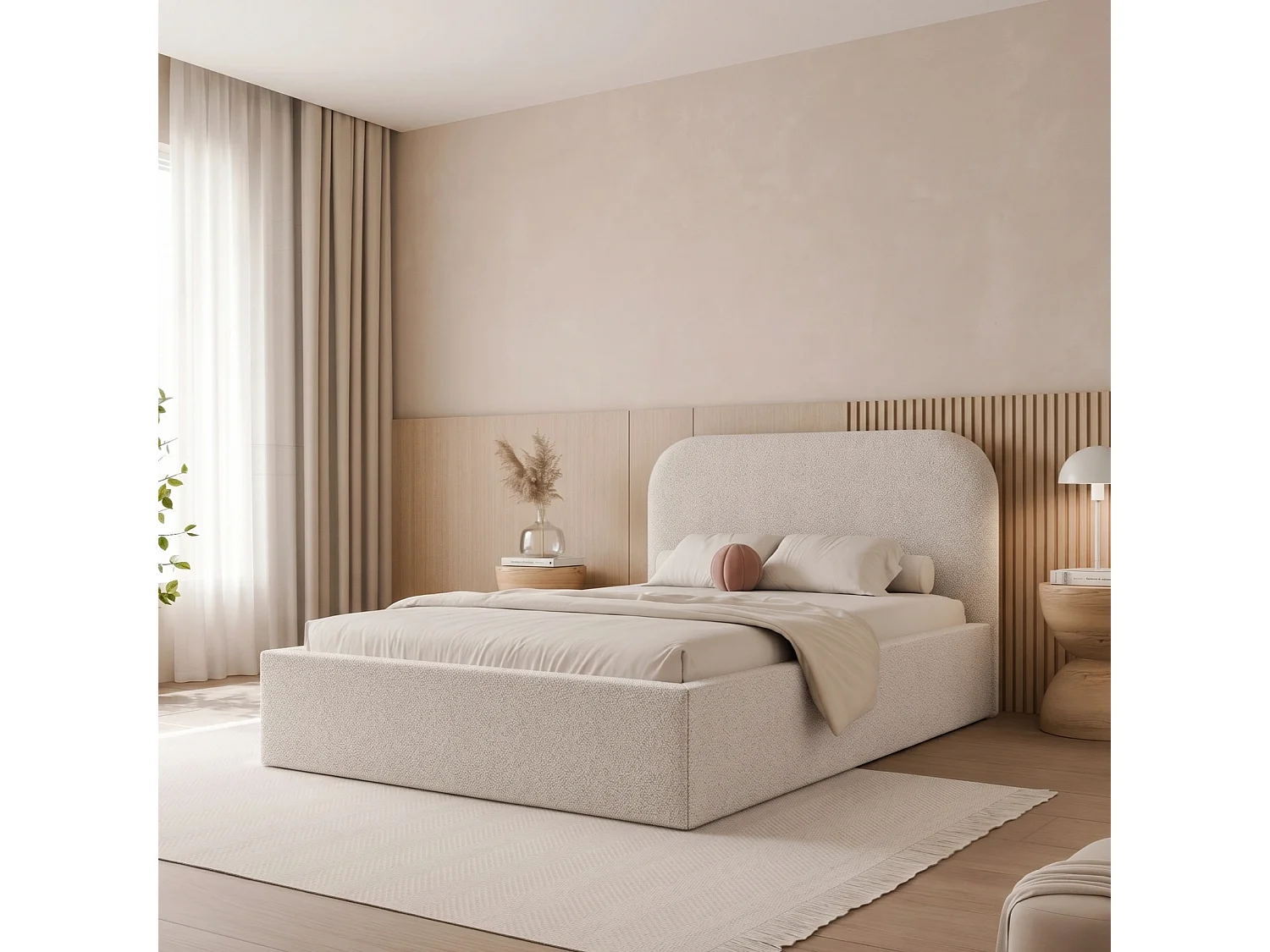 Lit Coffre 1 place et demi FUZZI 120x200 cm avec Sommier à Lattes - Tissu Bouclé Beige Froid (Now or Never 03)