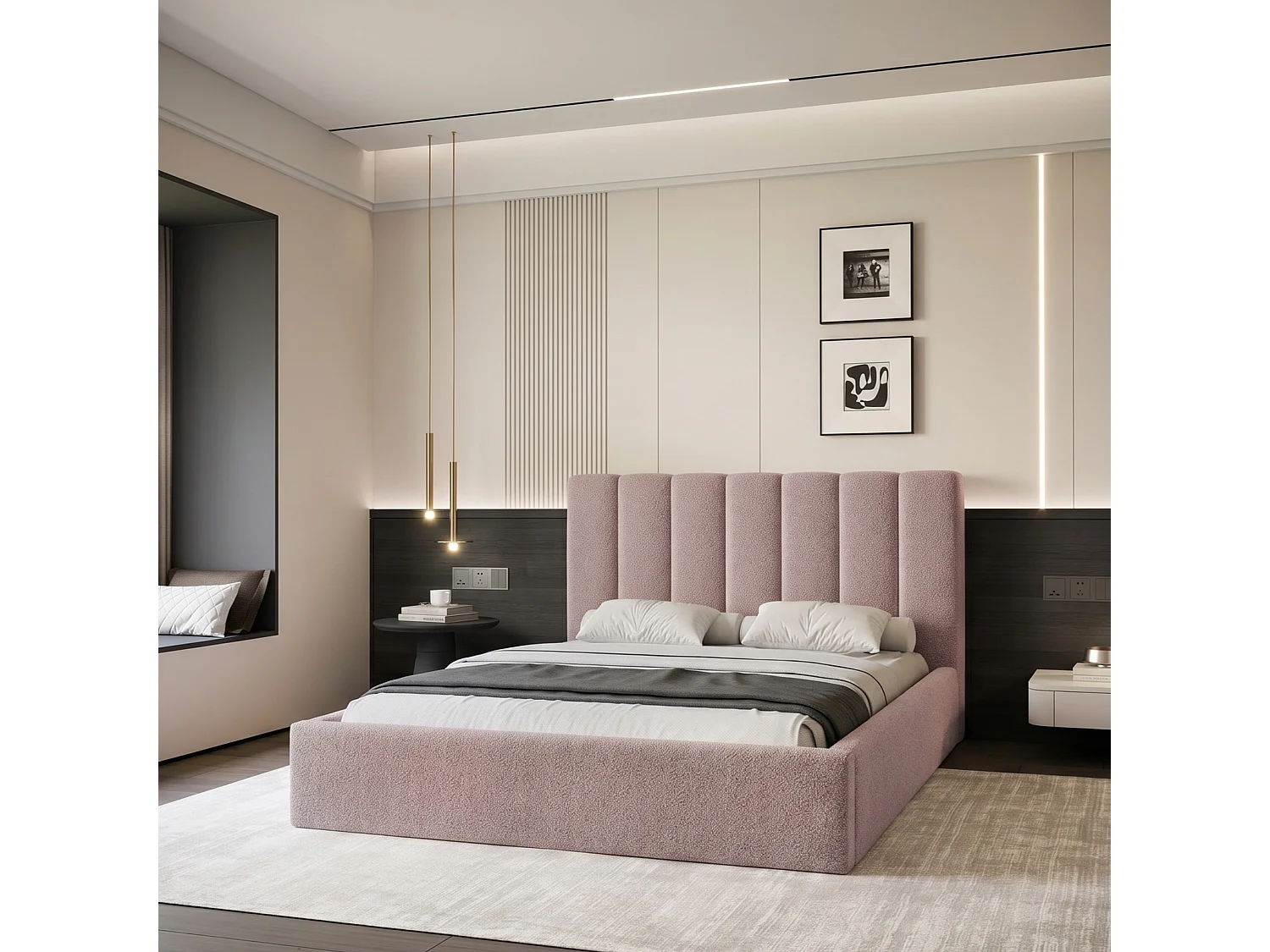 Lit Coffre 2 places CIERO 140x200 cm avec Sommier à Lattes - Tissu Bouclette Rose Poudré (Abriamo)