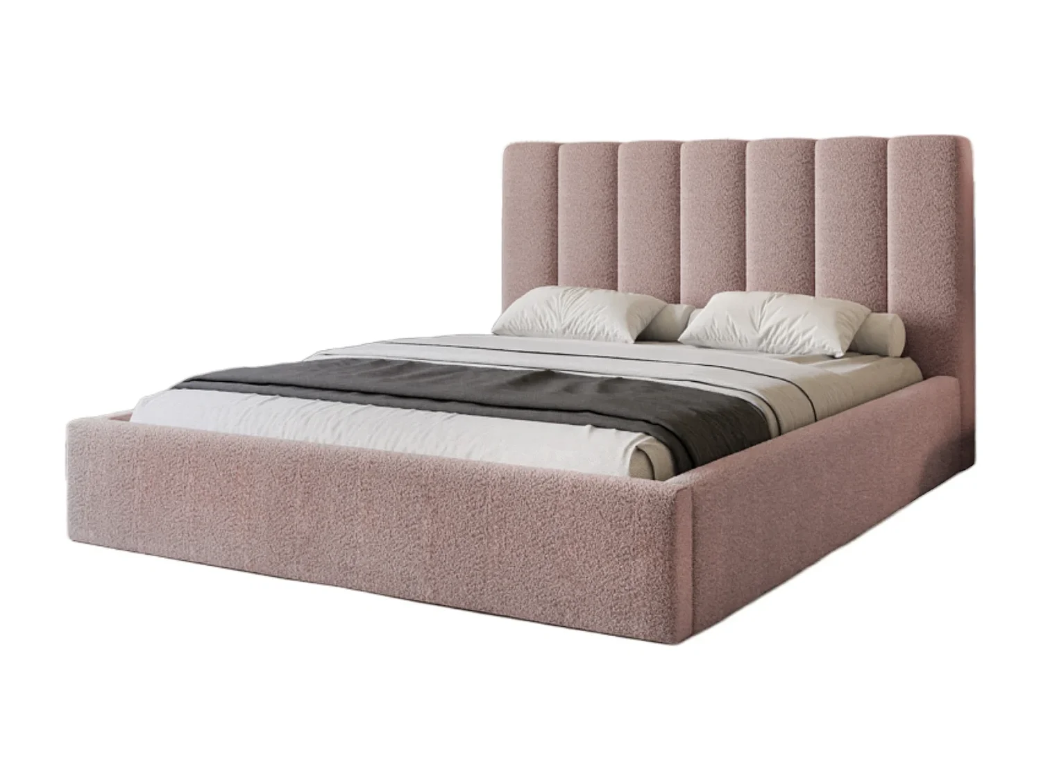 Lit Coffre 2 places CIERO 140x200 cm avec Sommier à Lattes - Tissu Bouclette Rose Poudré (Abriamo)