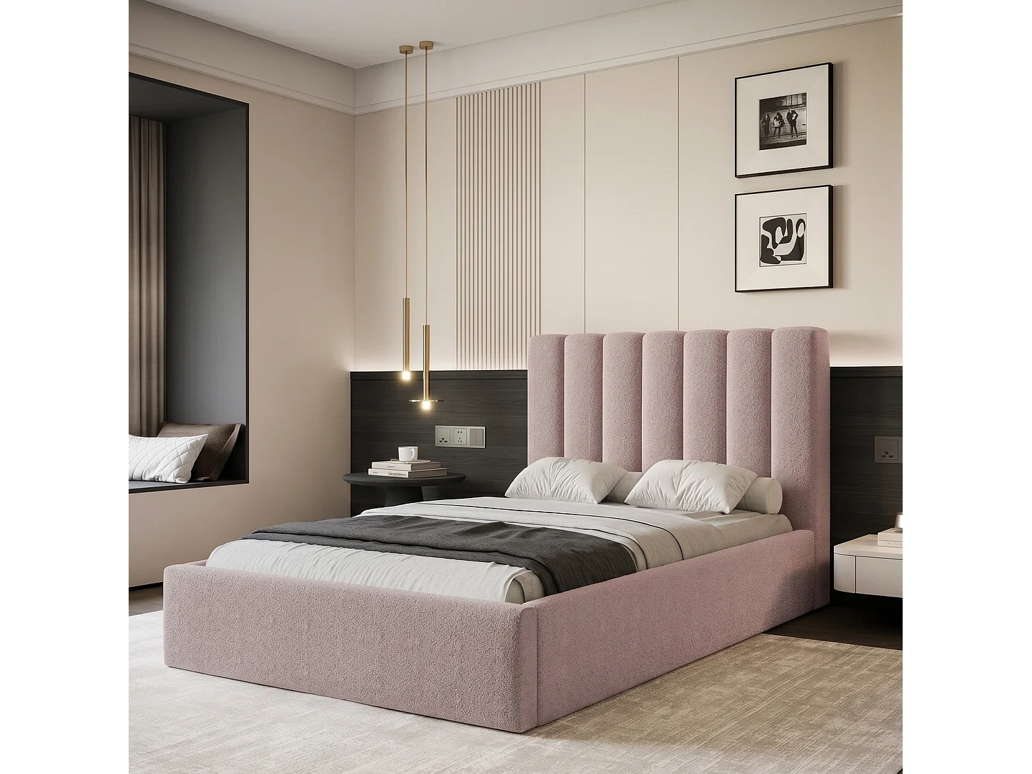 Lit Coffre CIERO 120x200 cm avec Sommier à Lattes - Tissu Bouclette Rose Poudré (Abriamo)