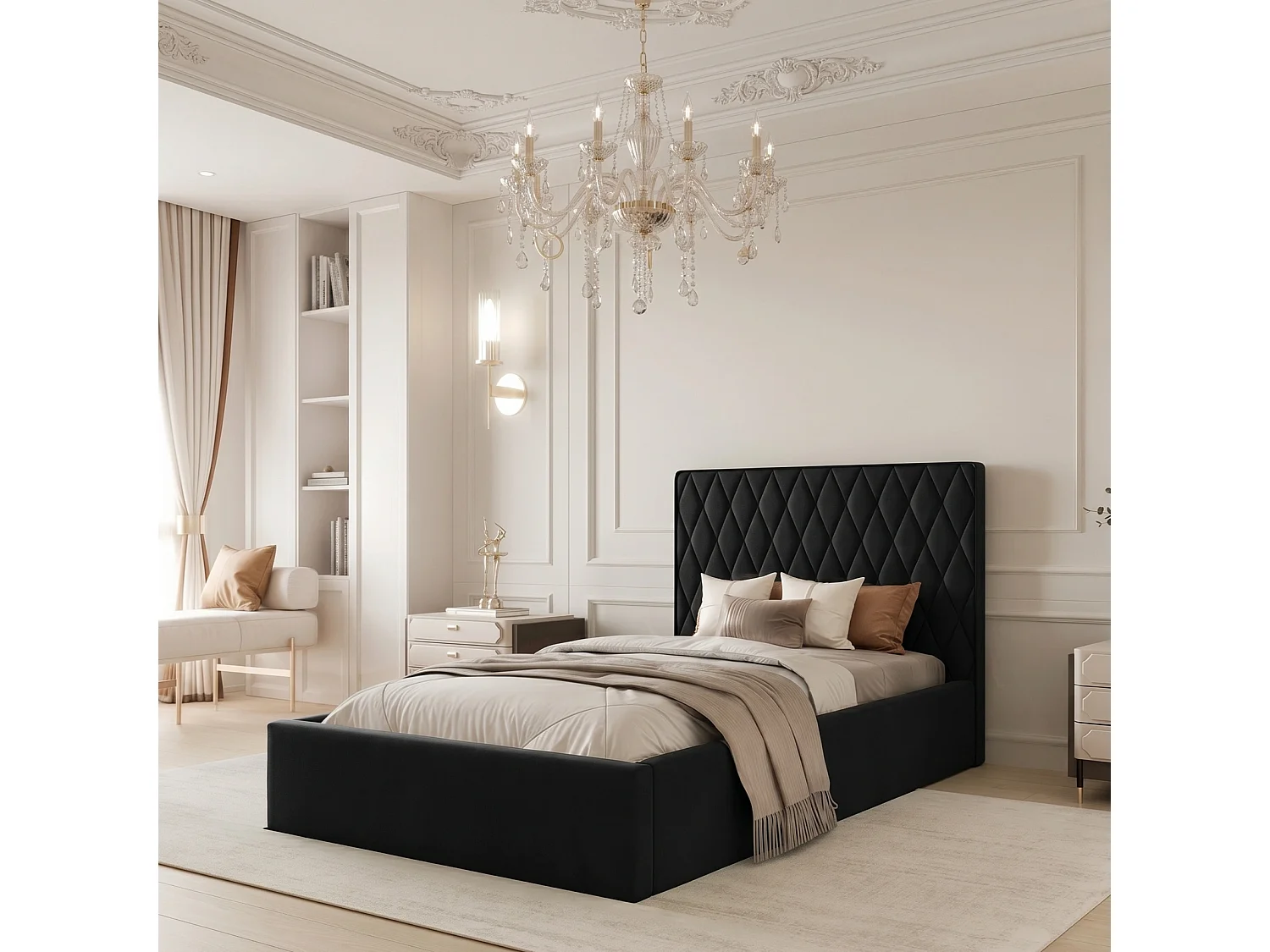 Lit Coffre Compact PONTI 120x200 cm avec Sommier à Lattes - Noir (Magic Velvet)