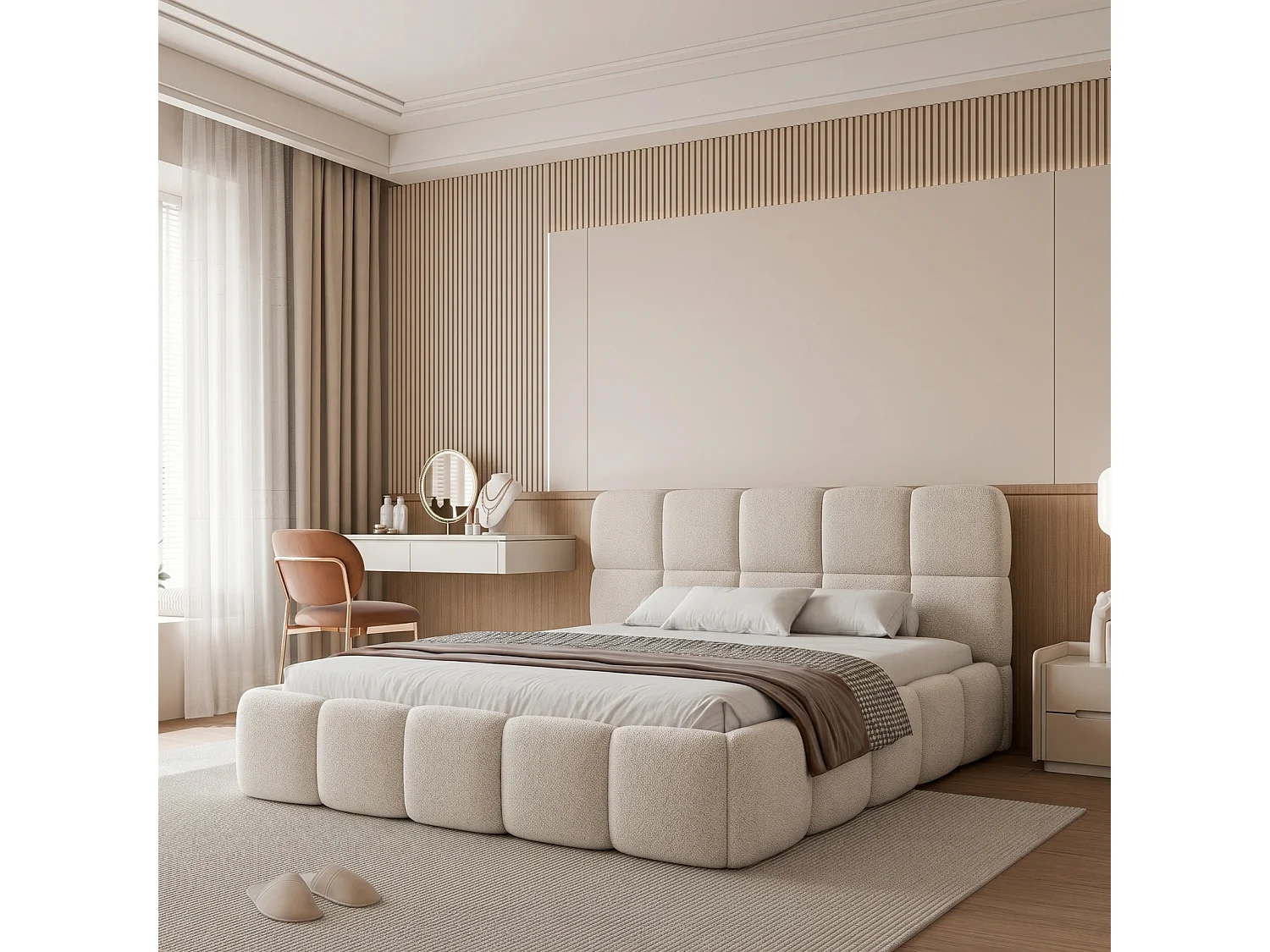 Lit Coffre 2 places CERETTO 140x200 cm avec Sommier à Lattes - Tissu Bouclé Crème (Quelle 02)