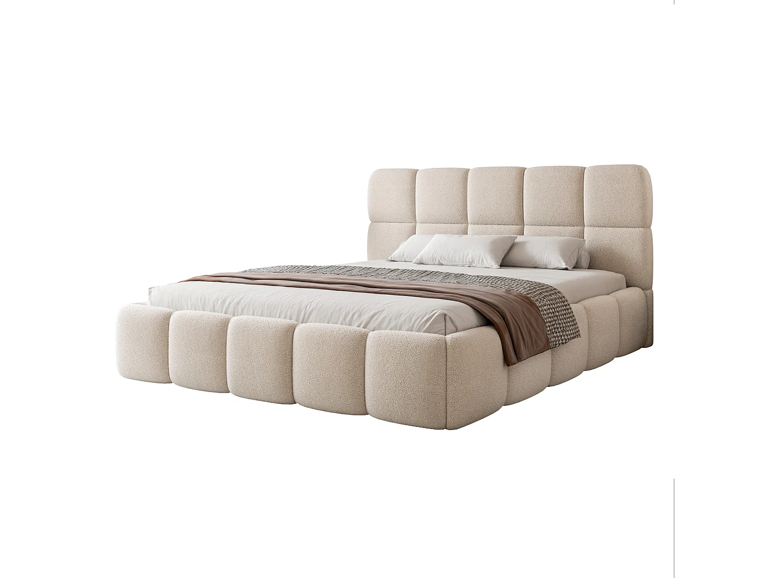 Lit Coffre 2 places CERETTO 140x200 cm avec Sommier à Lattes - Tissu Bouclé Crème (Quelle 02)