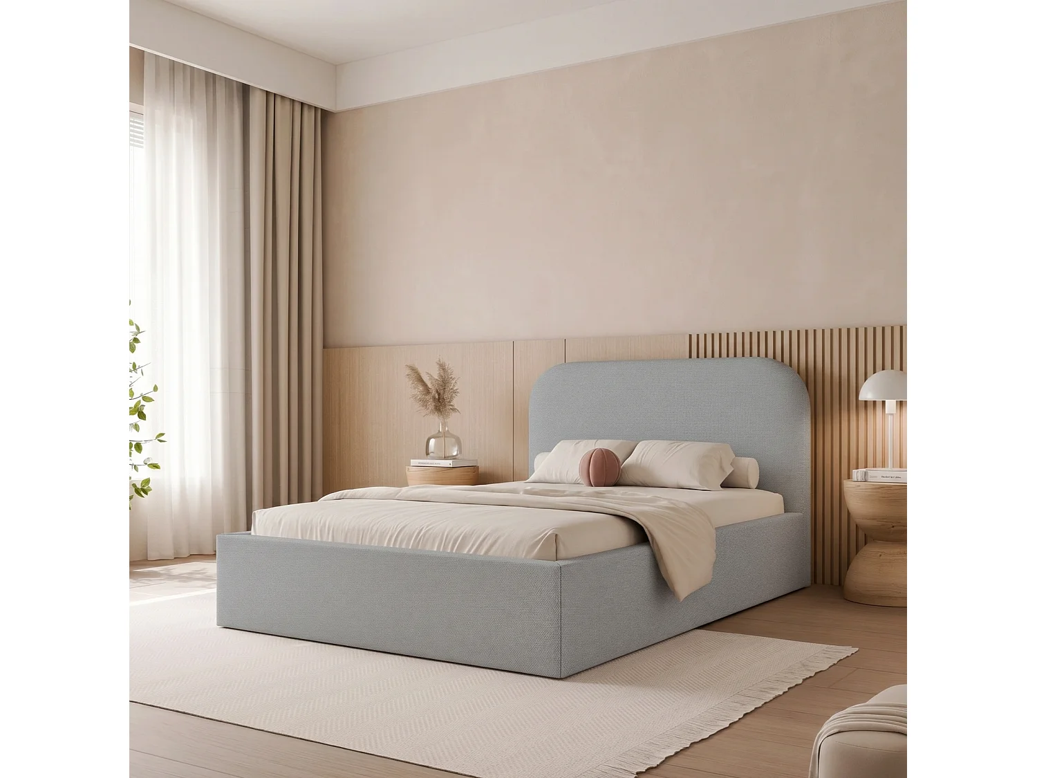 Lit Coffre 1 place et demi FUZZI 120x200 cm avec Sommier à Lattes - Tissu Texturé Bleu Gris (Lumi 84)