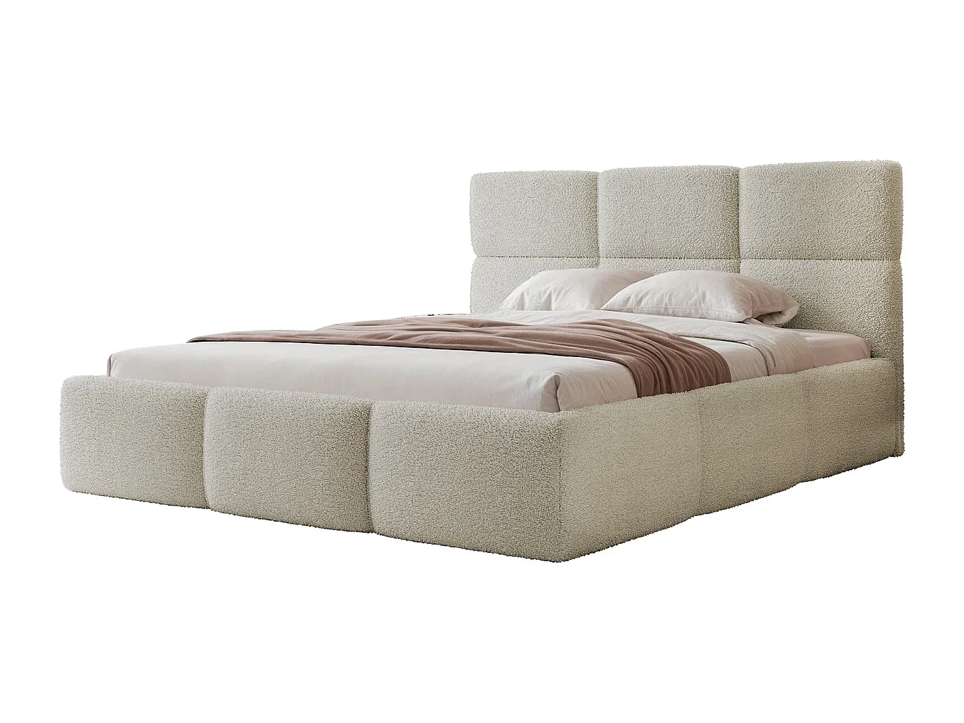 Lit Coffre 2 places VIVIEN 140x200 cm avec Sommier à Lattes - Tissu Bouclé Greige (Coral 65)