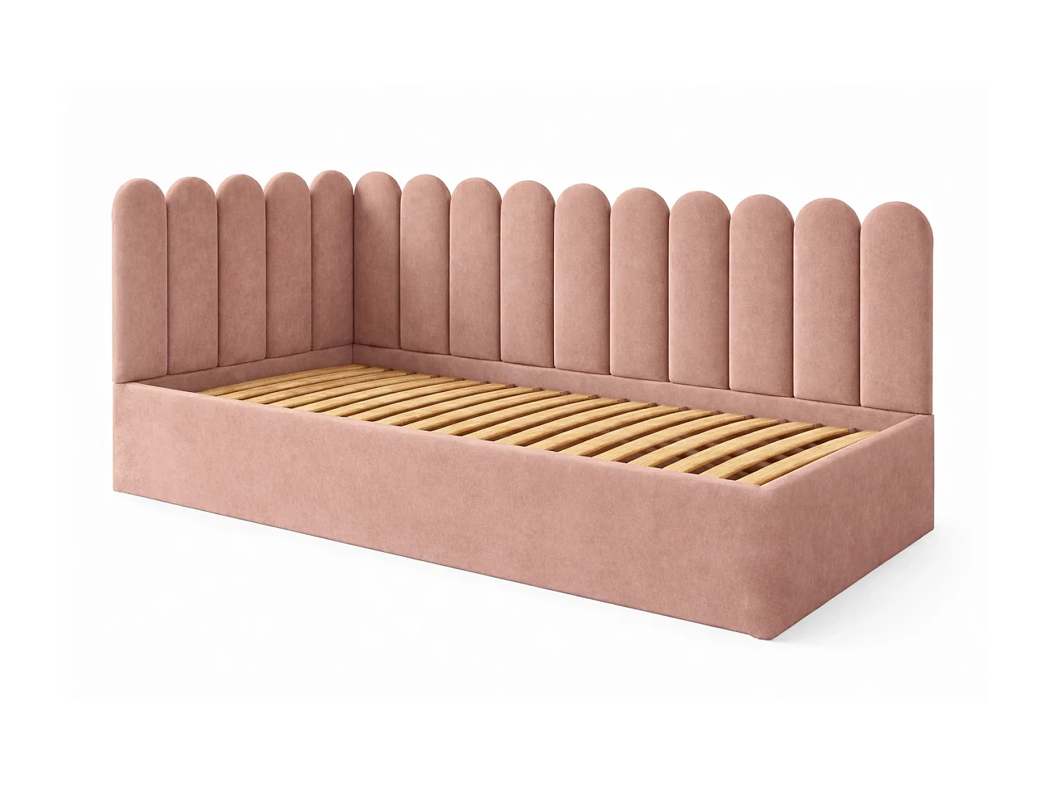 Lit Enfant et Ado Junior avec Panneaux Muraux Rembourrés - 120x200 cm - Velours Rose Poudré Foncé - Coffre
