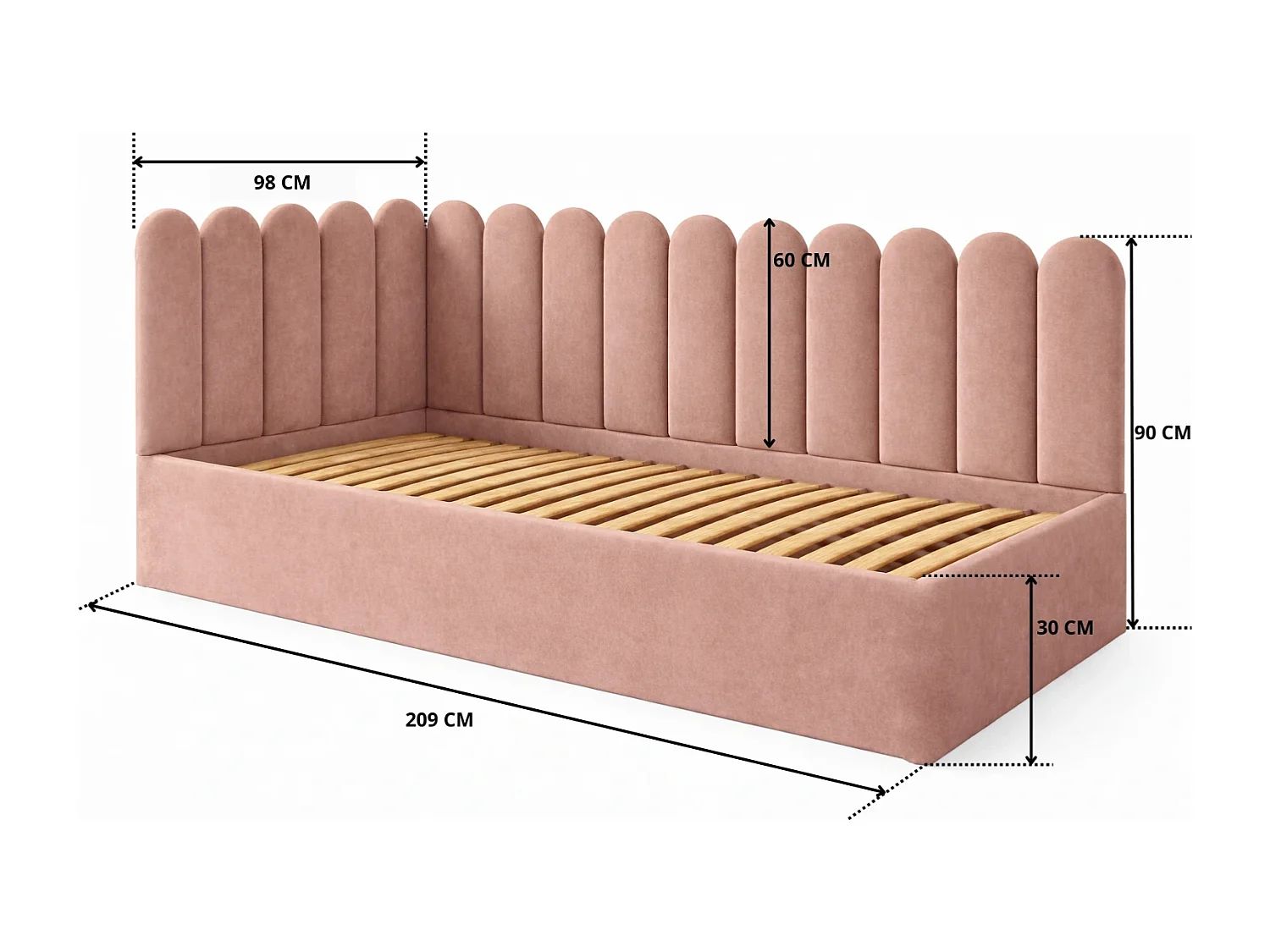 Lit Enfant et Ado Junior avec Panneaux Muraux Rembourrés - 120x200 cm - Velours Rose Poudré Foncé - Coffre