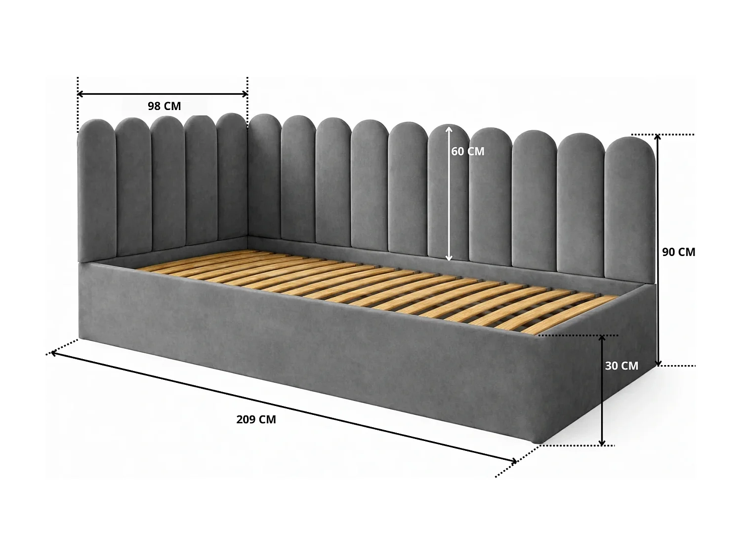 Lit Enfant et Ado Junior avec Panneaux Muraux Rembourrés - 120x200 cm - Velours Gris Foncé - Coffre